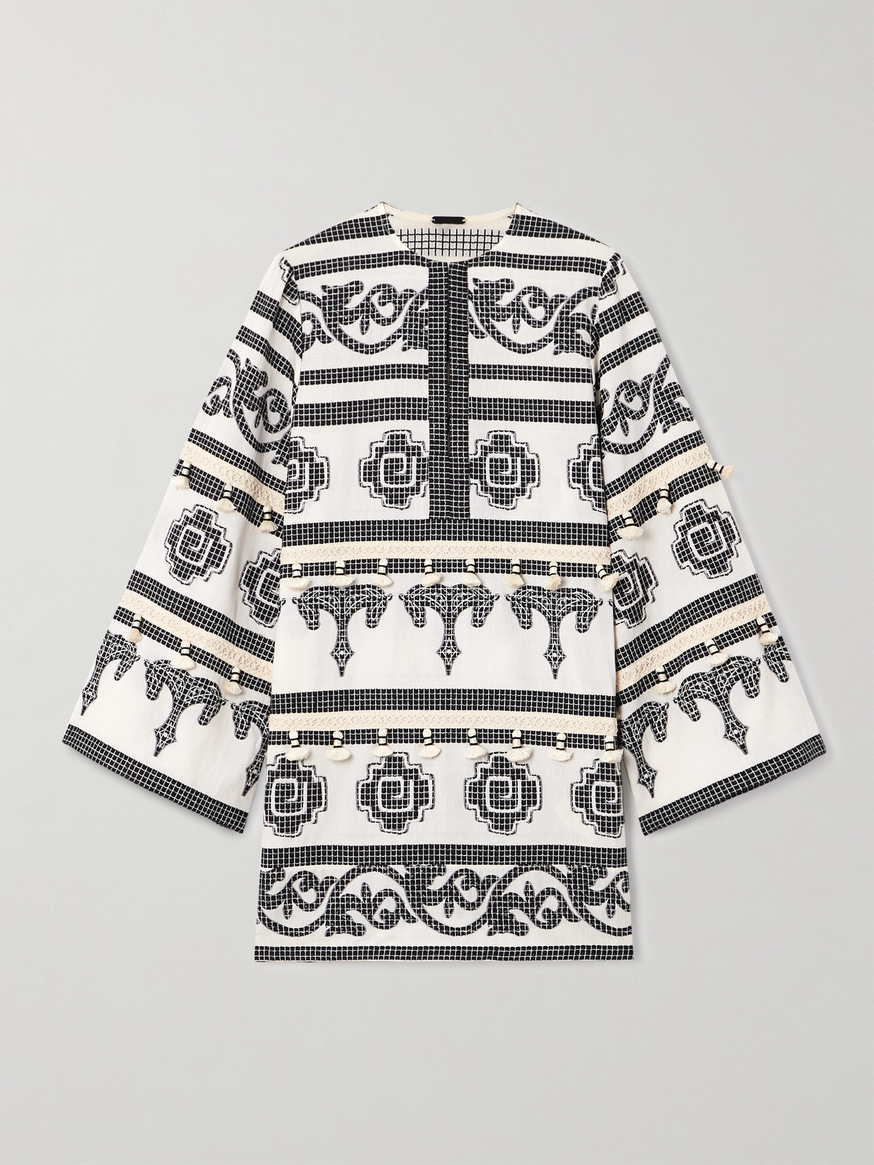 Johanna Ortiz Quetzalcóatl Temple Tasseled Embroidered Cotton Coverup In White