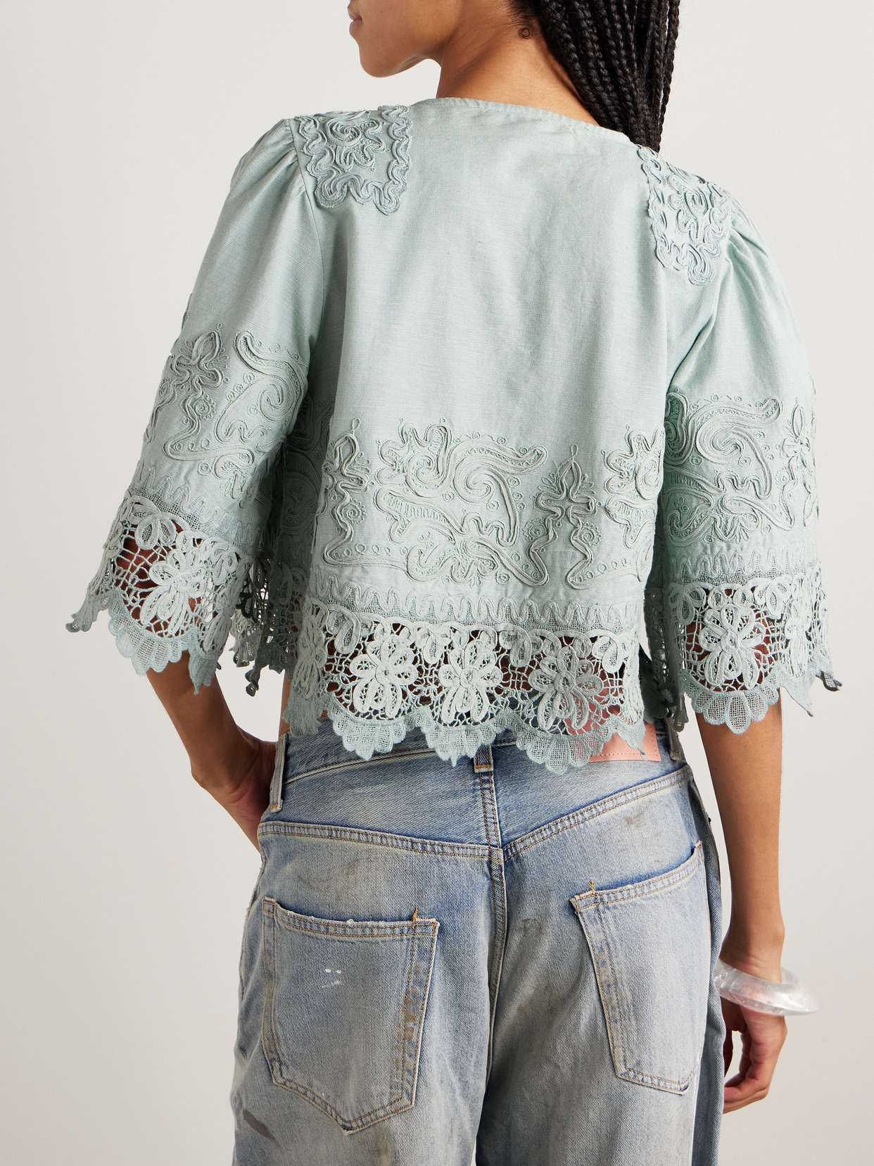 Sea Iyla Cropped Embroidered Broderie Anglaise Cotton And Linen-blend Top In Blue