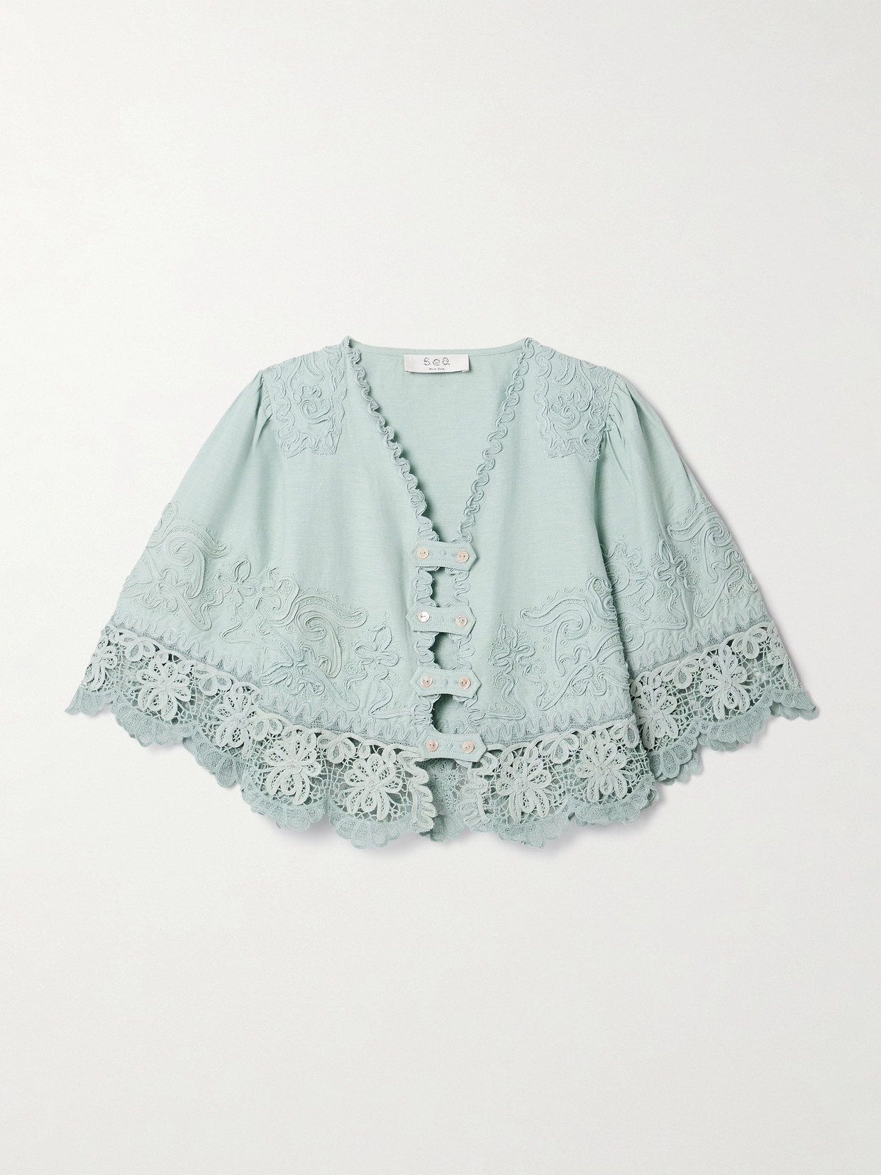 Sea Iyla Cropped Embroidered Broderie Anglaise Cotton And Linen-blend Top In Blue