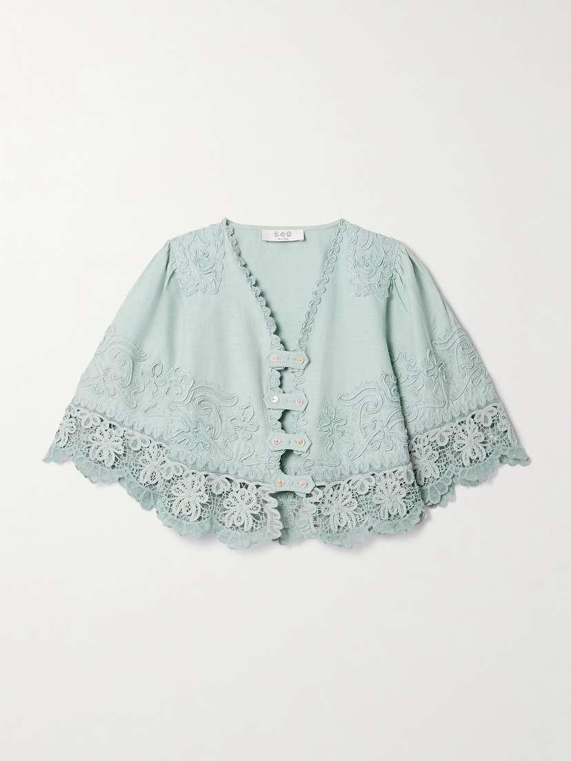 Sea Iyla Cropped Embroidered Broderie Anglaise Cotton And Linen-blend Top