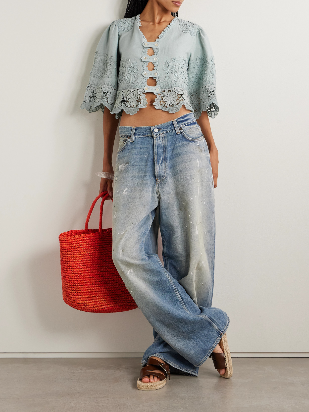 Sea Iyla Cropped Embroidered Broderie Anglaise Cotton And Linen-blend Top In Blue