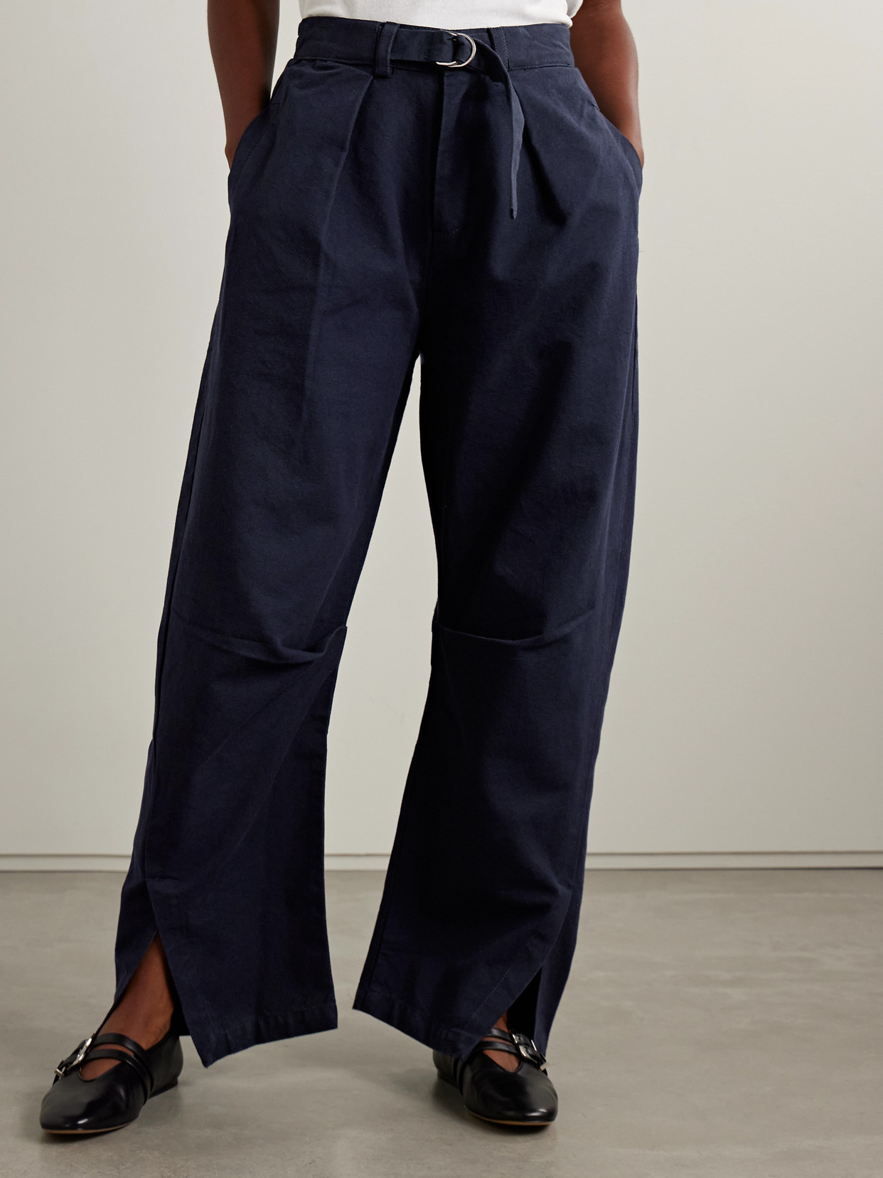 Sea Carolyn Belted Pleated Cotton-canvas Barrel-leg Pants In Blue