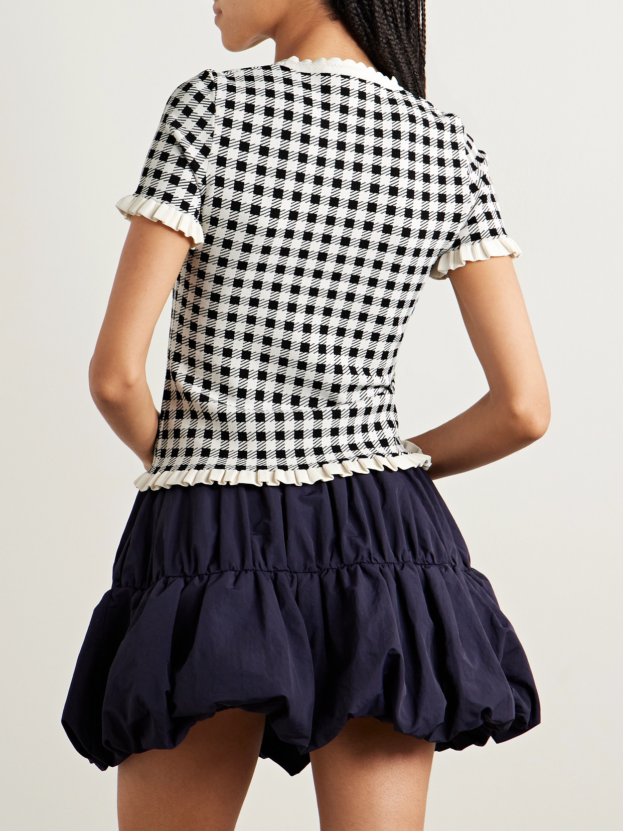 Sea Saige Ruffled Gingham Jacquard-knit Top In Black