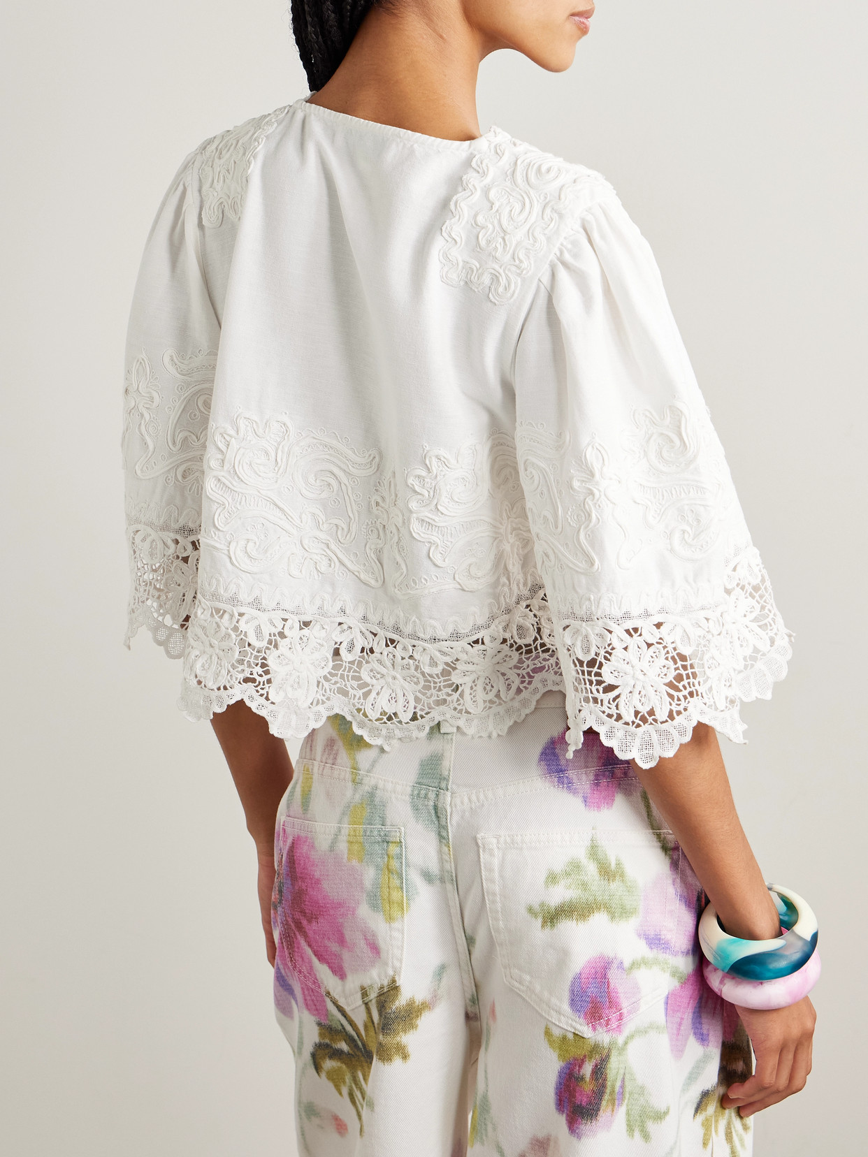 Sea Iyla Cropped Embroidered Broderie Anglaise Cotton And Linen-blend Top In White
