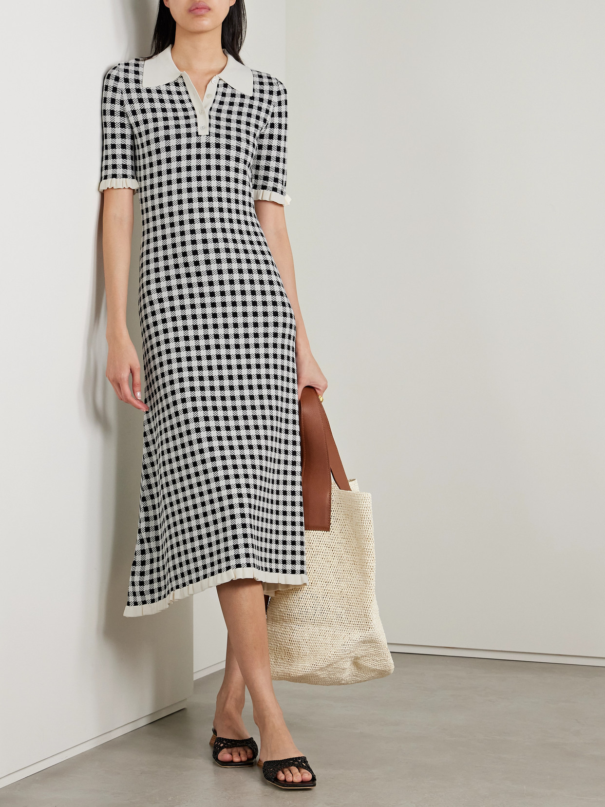 Sea Saige Ruffled Checked Jacquard-knit Midi Dress In Black