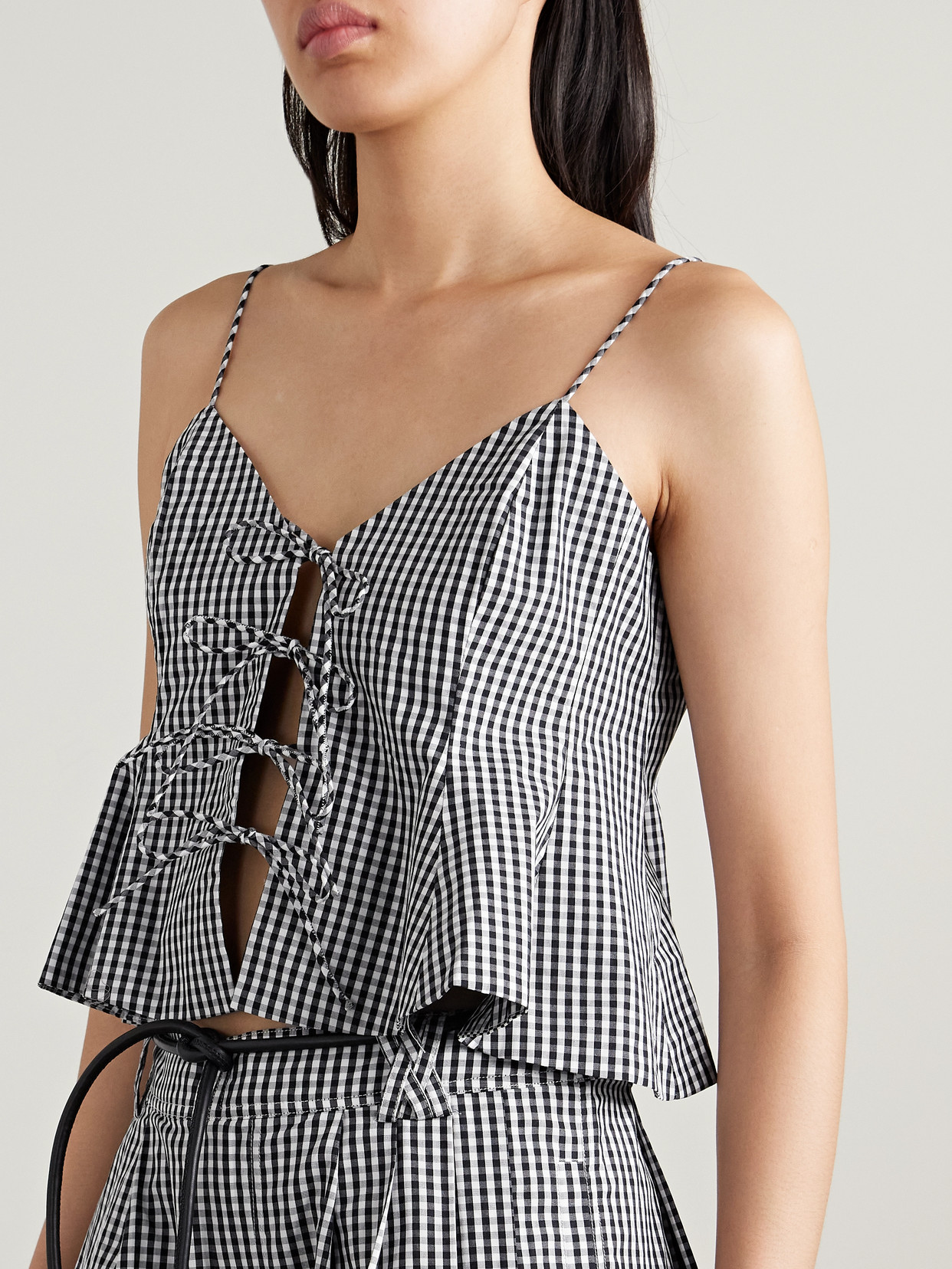 Sea Inactive Coo China Style Neci Tie-front Gingham Cotton Tank Top