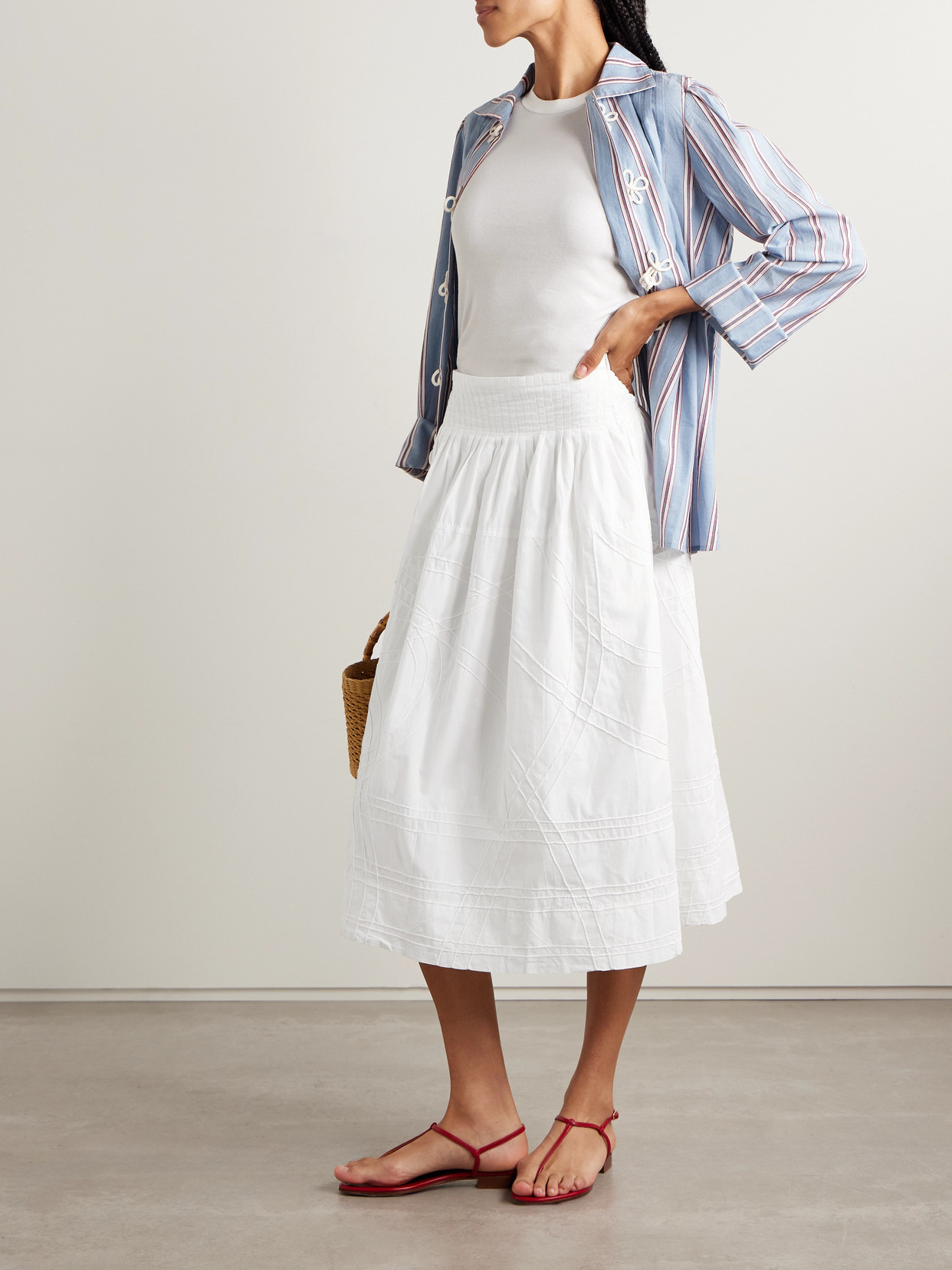 Sea Camden Pleated Cotton-poplin Midi Skirt In White