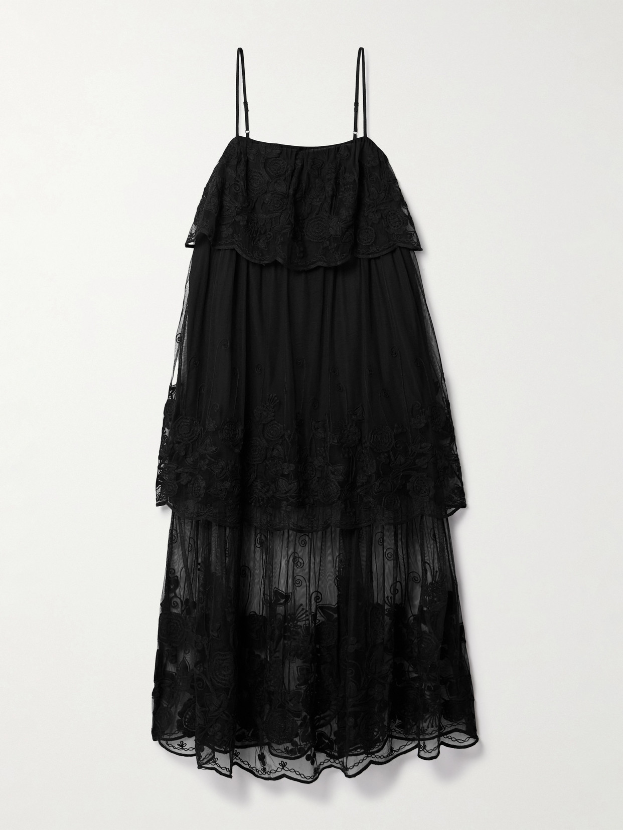 Sea Arielle Tiered Embroidered Tulle Midi Dress In Black
