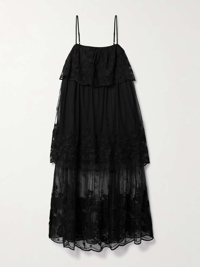Sea Arielle Tiered Embroidered Tulle Midi Dress