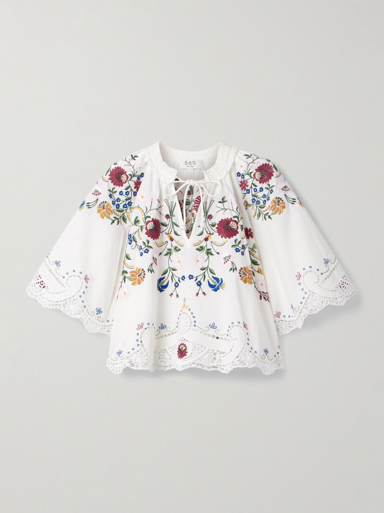 Sea Celia Tie-neck Ruffled Broderie Anglaise Cotton And Linen-blend Blouse In White