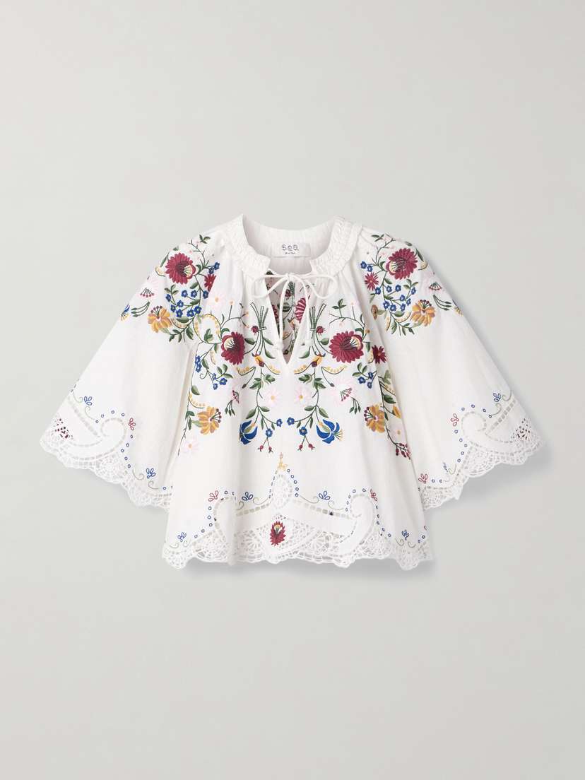 Sea Celia Tie-neck Ruffled Broderie Anglaise Cotton And Linen-blend Blouse