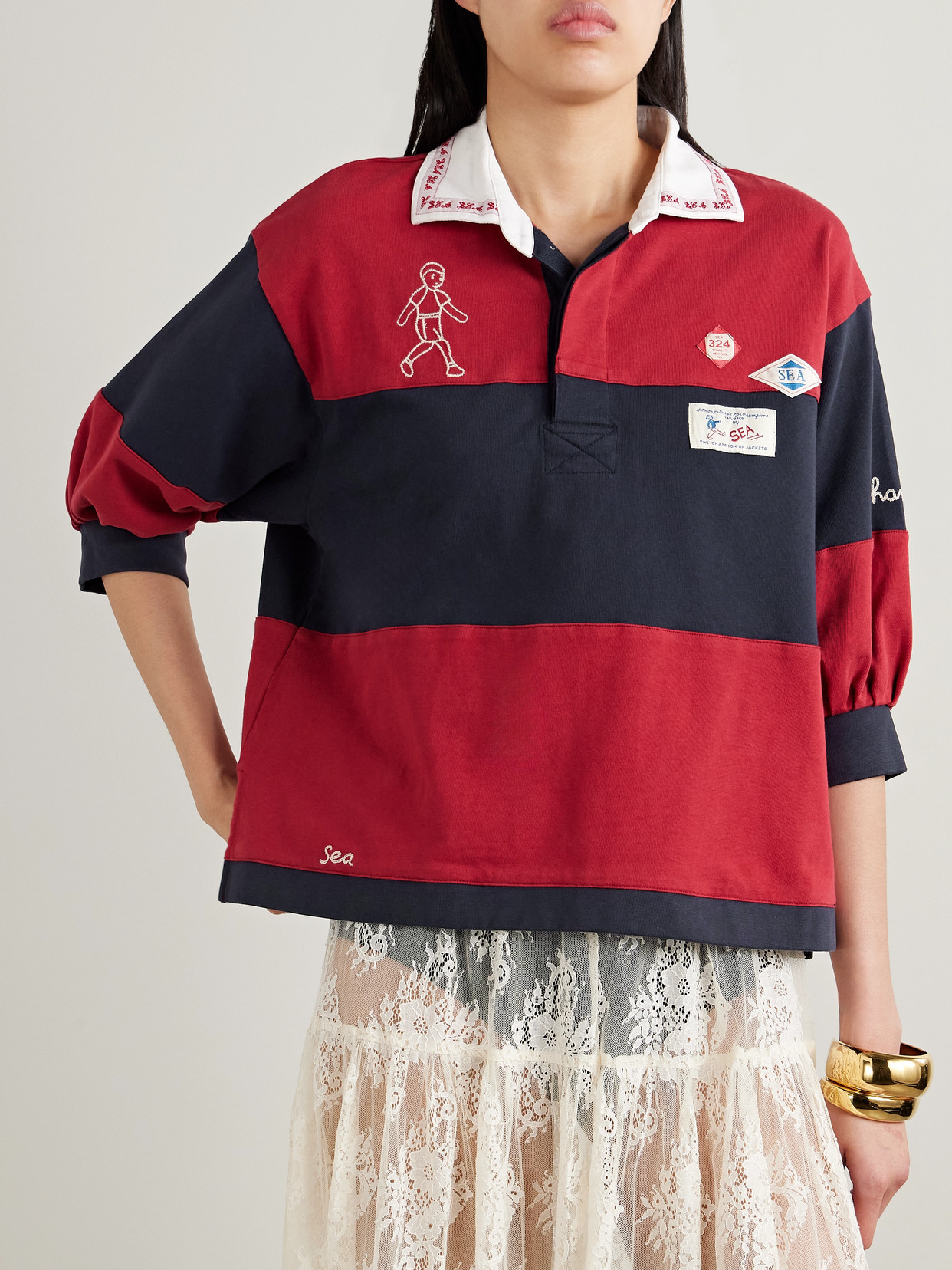 Sea Carolyn Appliquéd Embroidered Striped Cotton-jersey Polo Shirt