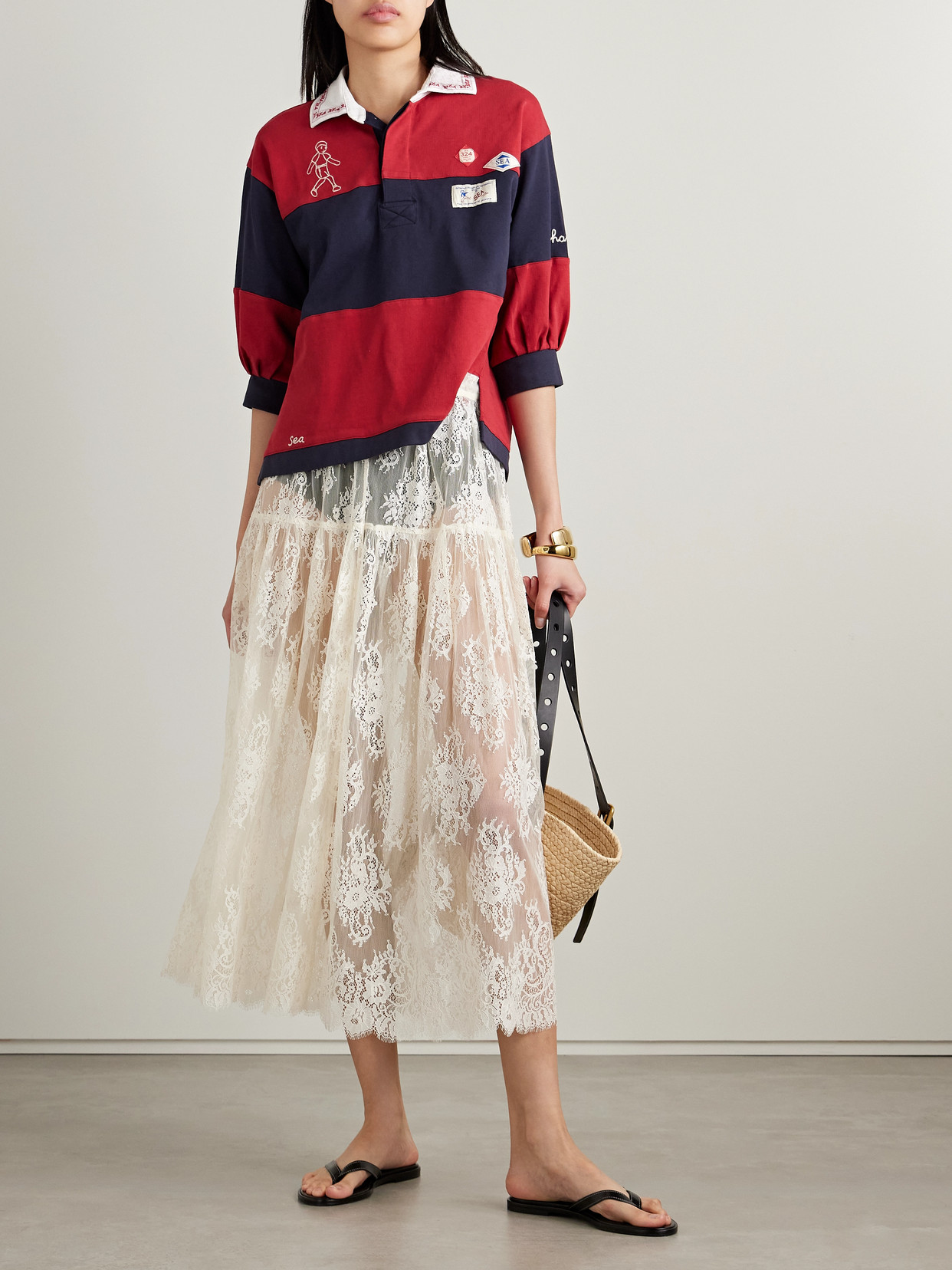 Sea Carolyn Appliquéd Embroidered Striped Cotton-jersey Polo Shirt
