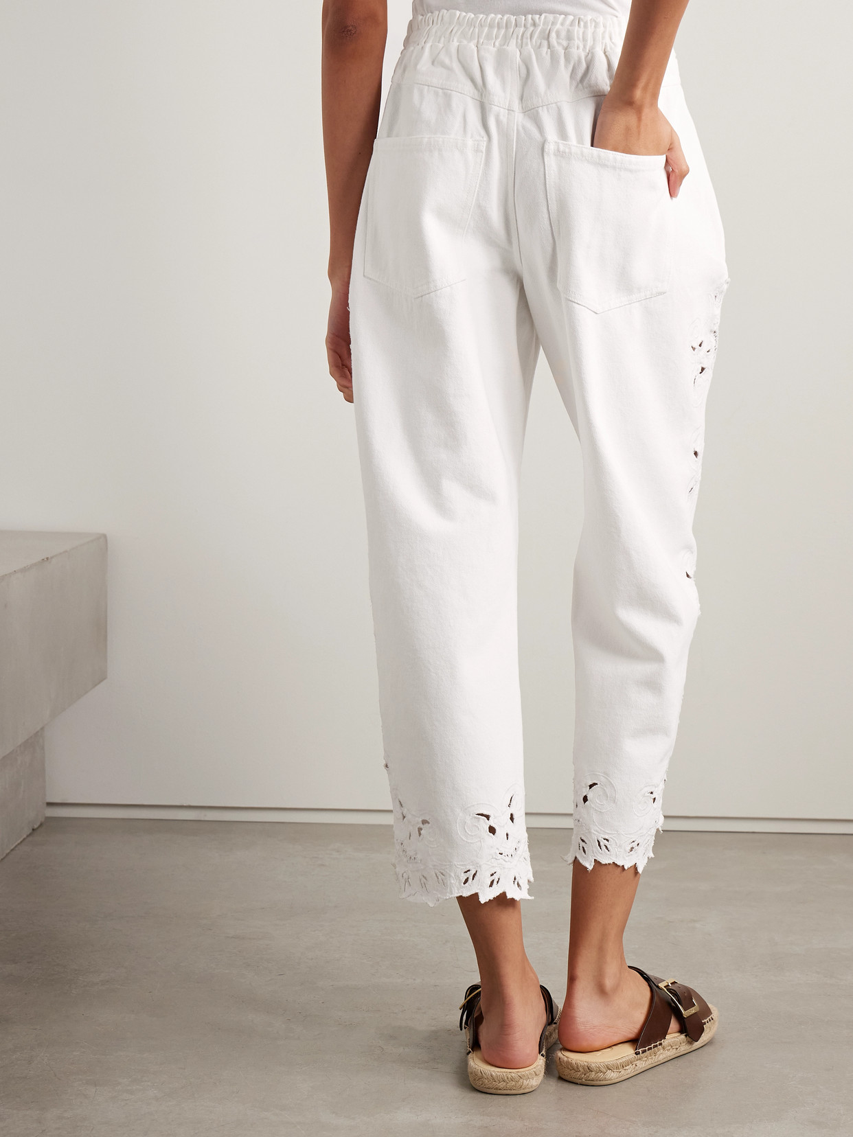 Sea Cavina Cropped Broderie Anglaise Barrel-leg Jeans In White