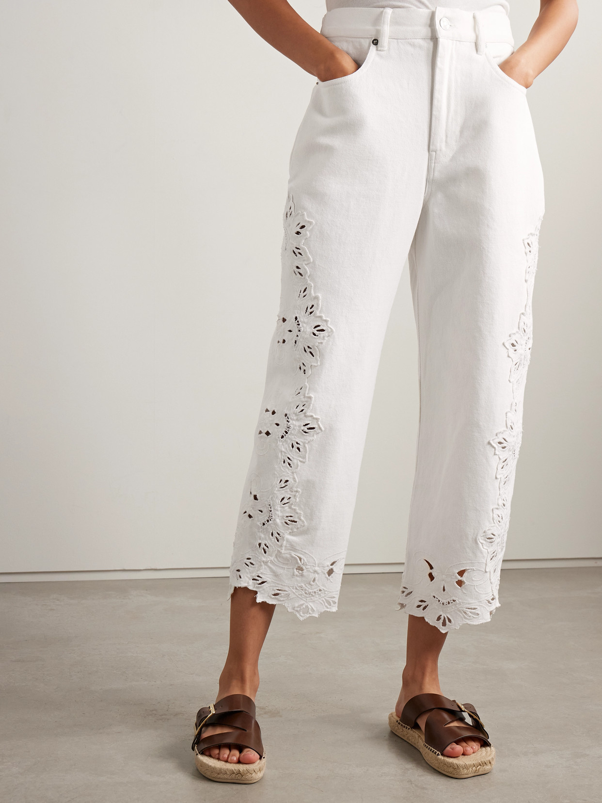 Sea Cavina Cropped Broderie Anglaise Barrel-leg Jeans In White