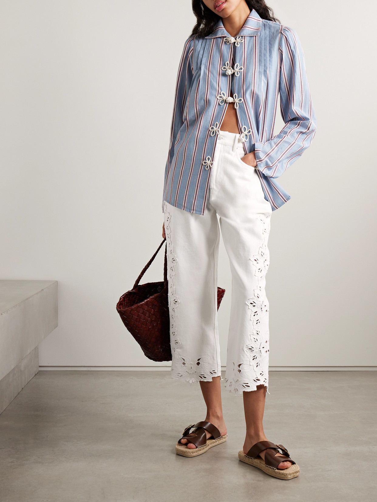 Sea Cavina Cropped Broderie Anglaise Barrel-leg Jeans In White