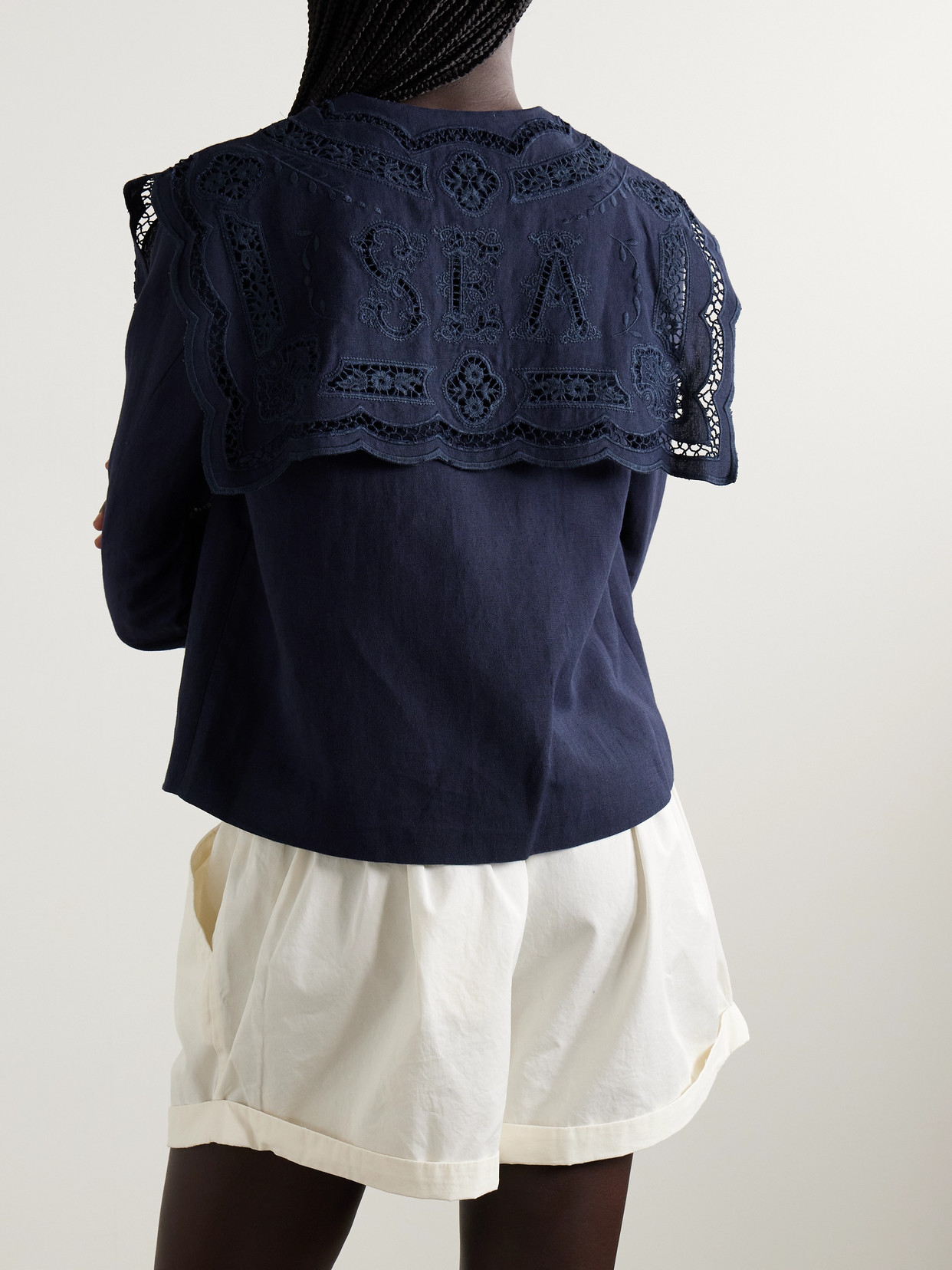Sea Marie Broderie Anglaise Cotton And Linen-blend Jacket In Blue