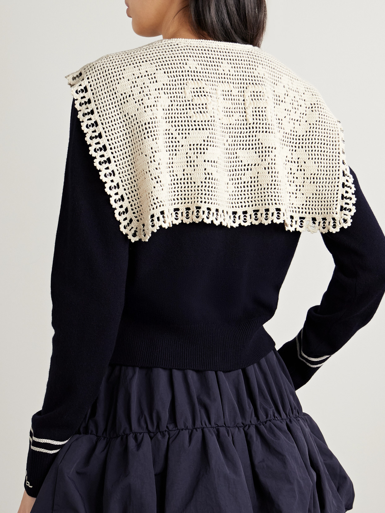 Sea Marie Crocheted Cotton-trimmed Merino Wool Cardigan In Black