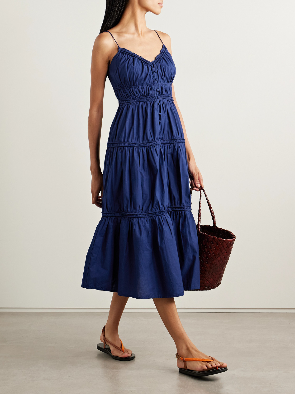 Sea Camden Tiered Gathered Cotton-voile Midi Dress In Blue