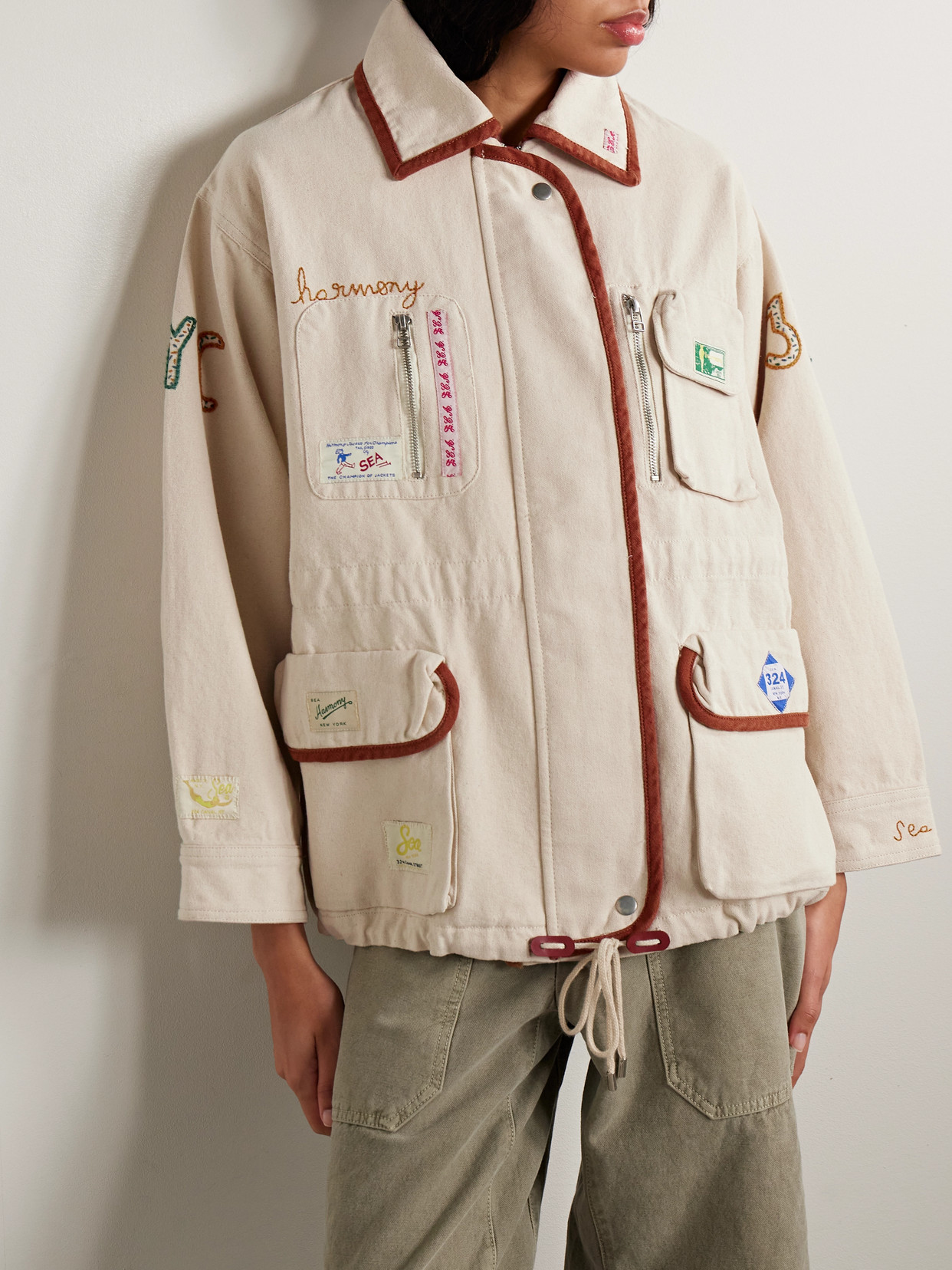 Sea Carolyn Appliquéd Embroidered Cotton-canvas Jacket In Neutral
