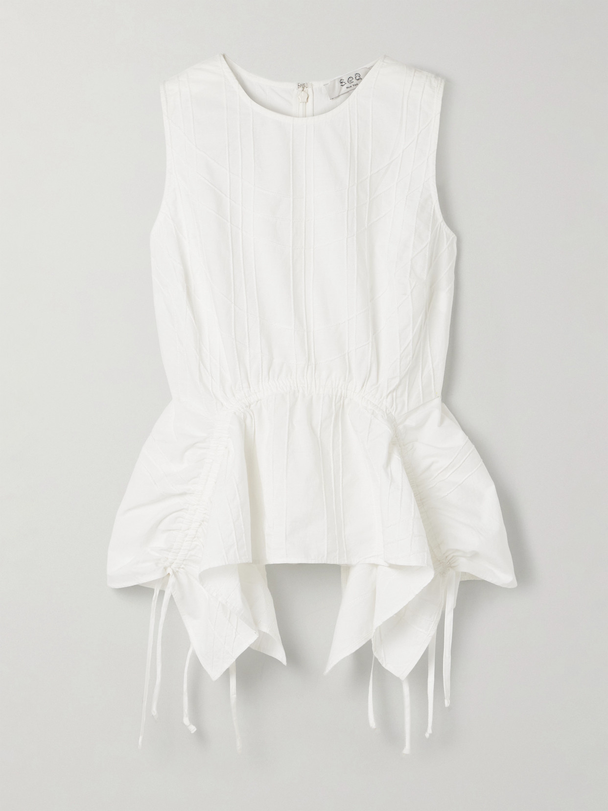 Sea Camden Ruched Embroidered Cotton-poplin Peplum Top In White