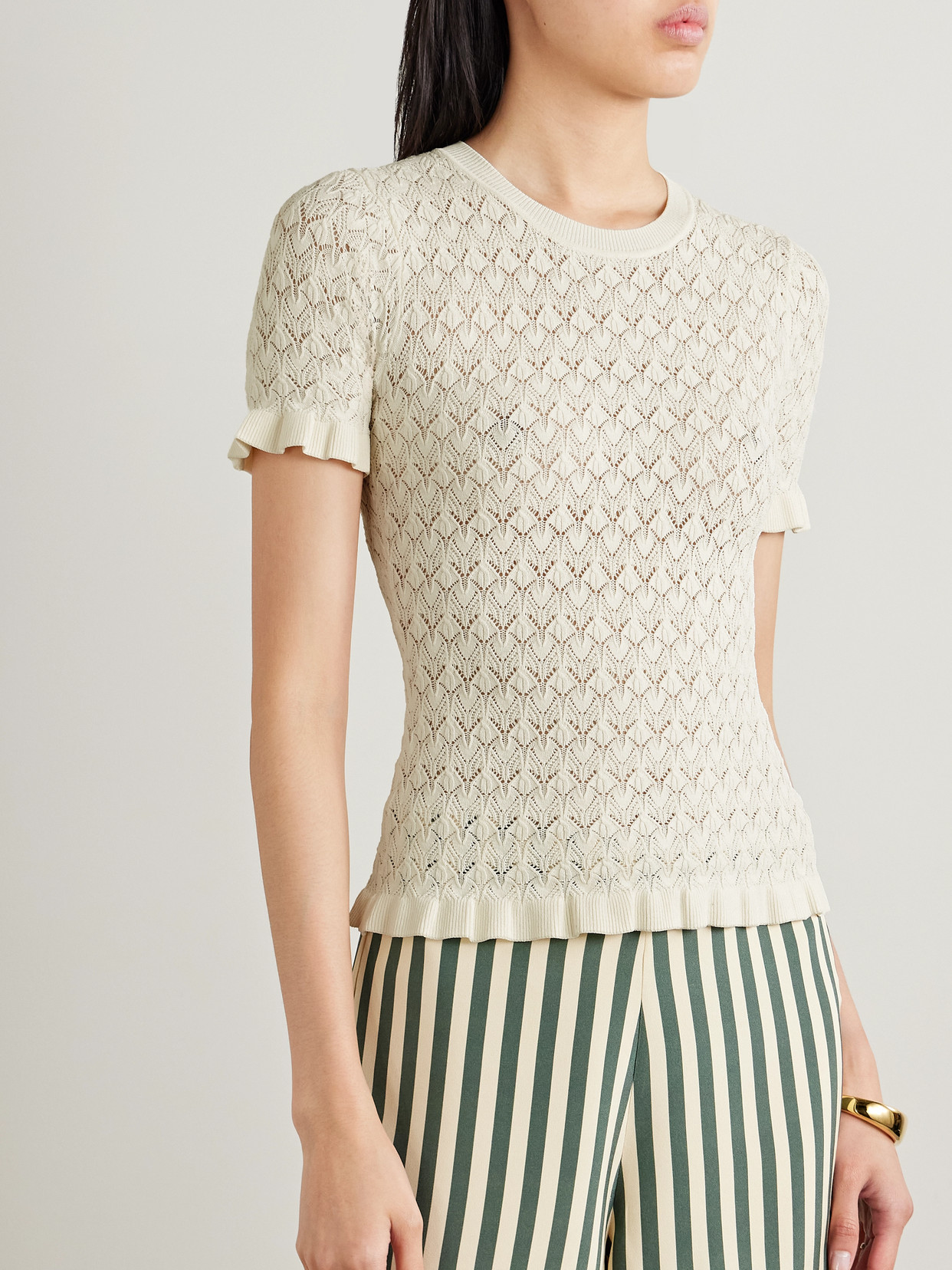 Sea Rue Ruffled Pointelle-knit Top In White