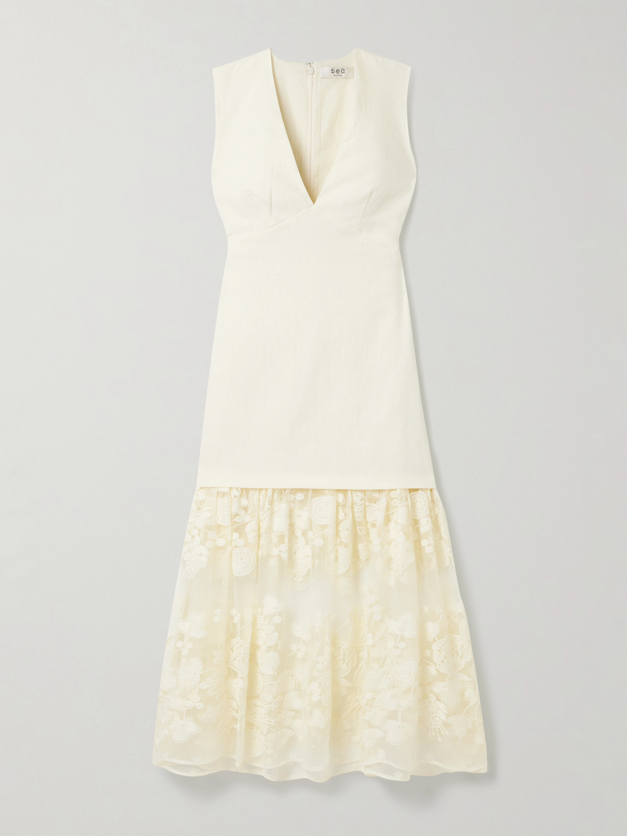 Sea Arielle Linen And Cotton-blend And Embroidered Tulle Midi Dress