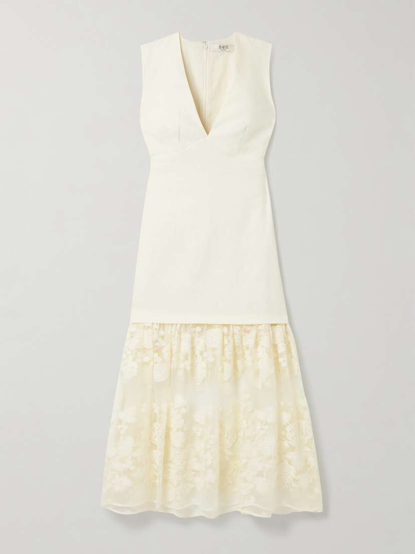 Sea Arielle Linen And Cotton-blend And Embroidered Tulle Midi Dress