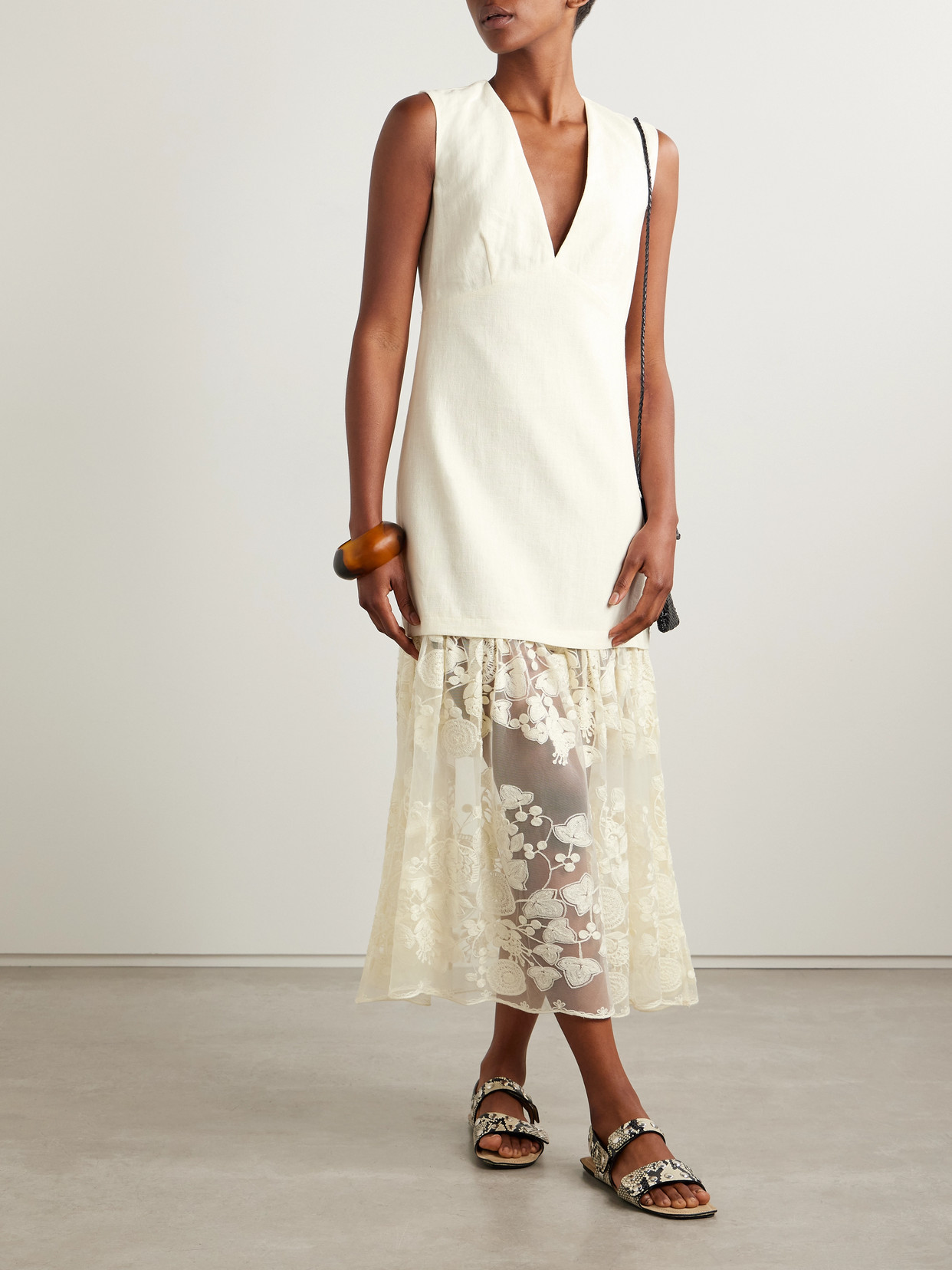Sea Arielle Linen And Cotton-blend And Embroidered Tulle Midi Dress