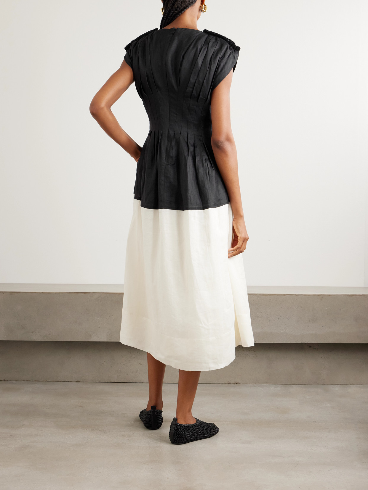 Sea Nicola Two-tone Pintucked Ramie Midi Dress In Black