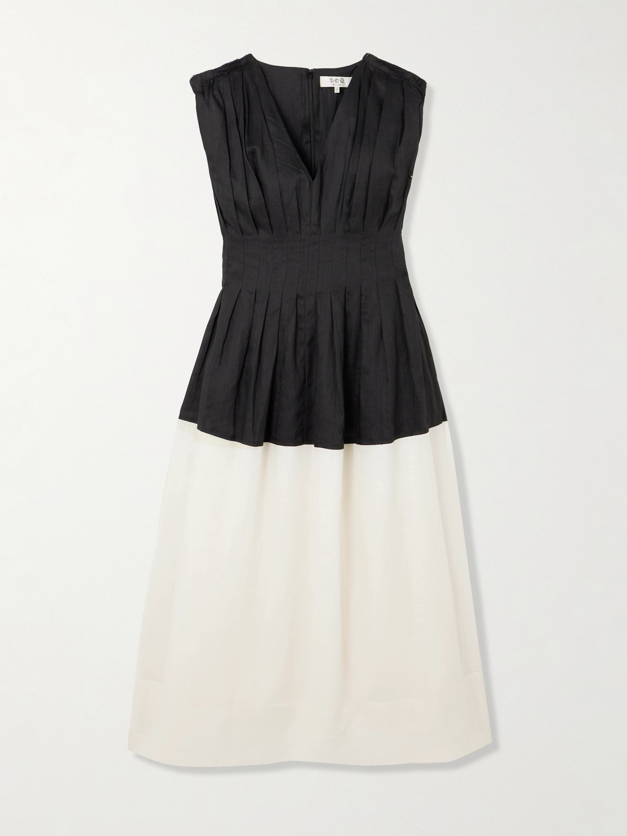 Sea Nicola Two-tone Pintucked Ramie Midi Dress In Black