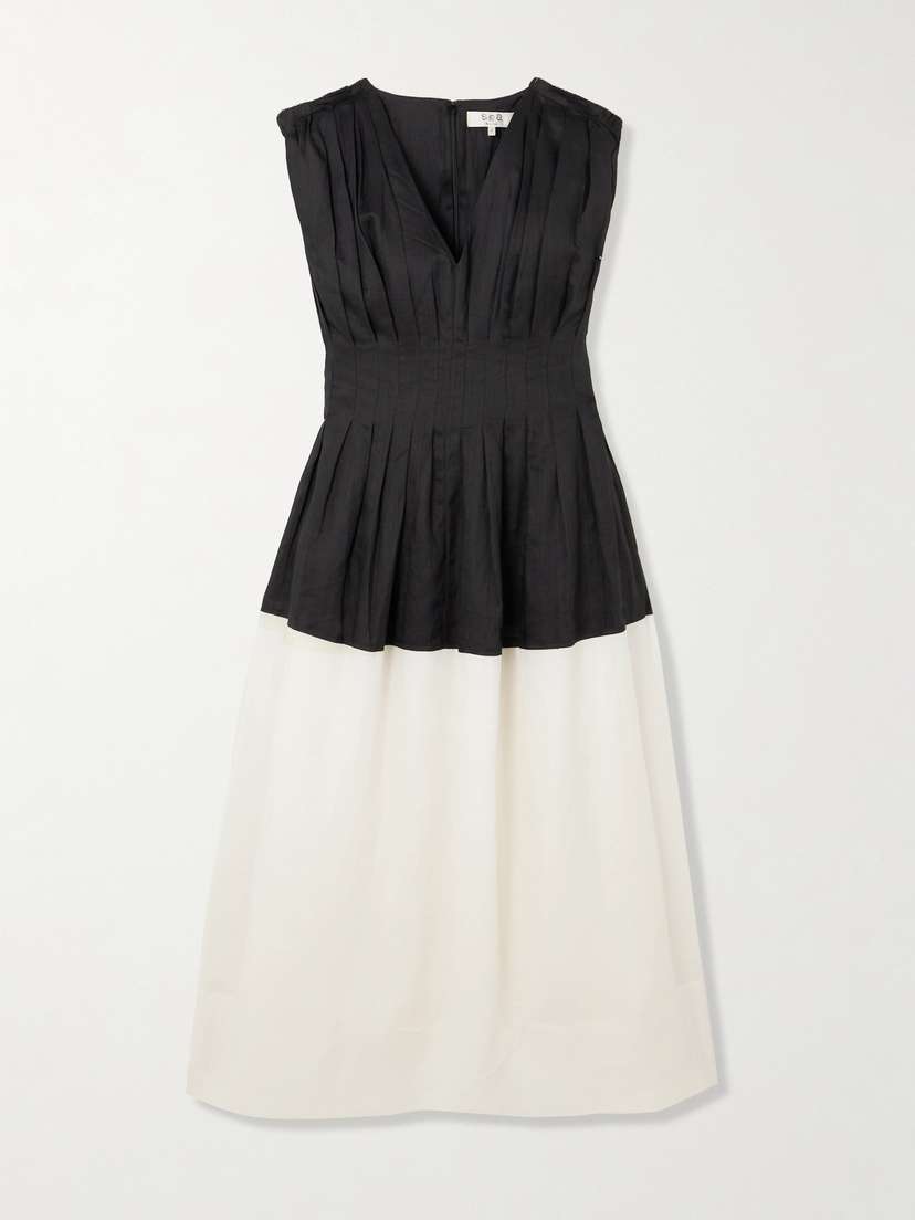 Sea Nicola Two-tone Pintucked Ramie Midi Dress
