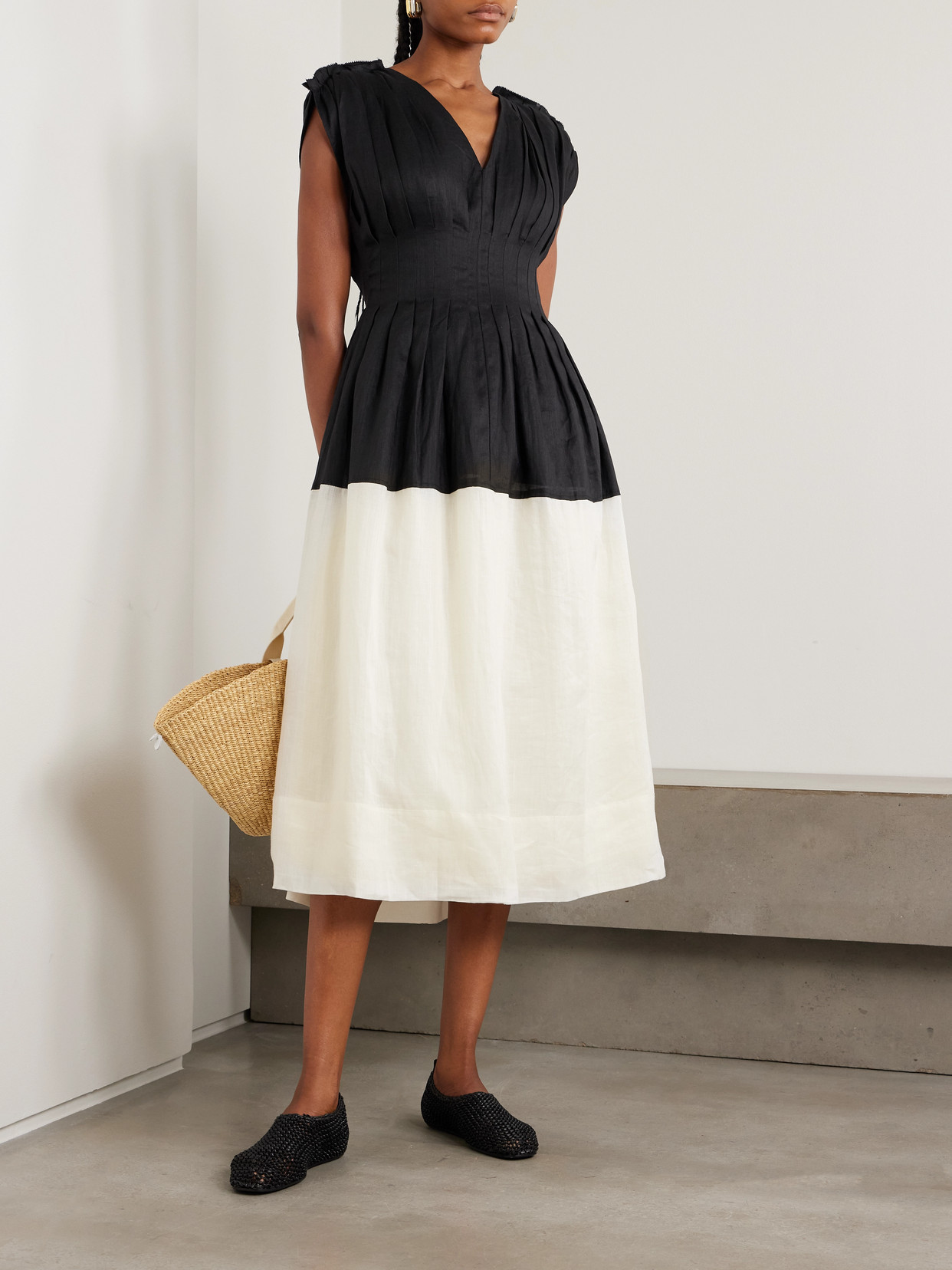 Sea Nicola Two-tone Pintucked Ramie Midi Dress In Black