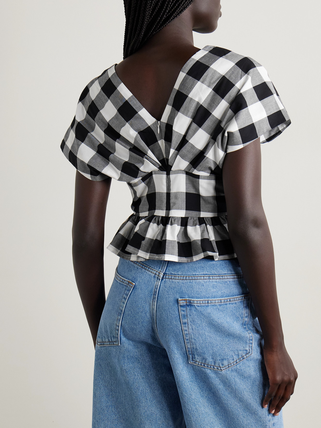 Sea Gathered Gingham Cotton-poplin Peplum Top
