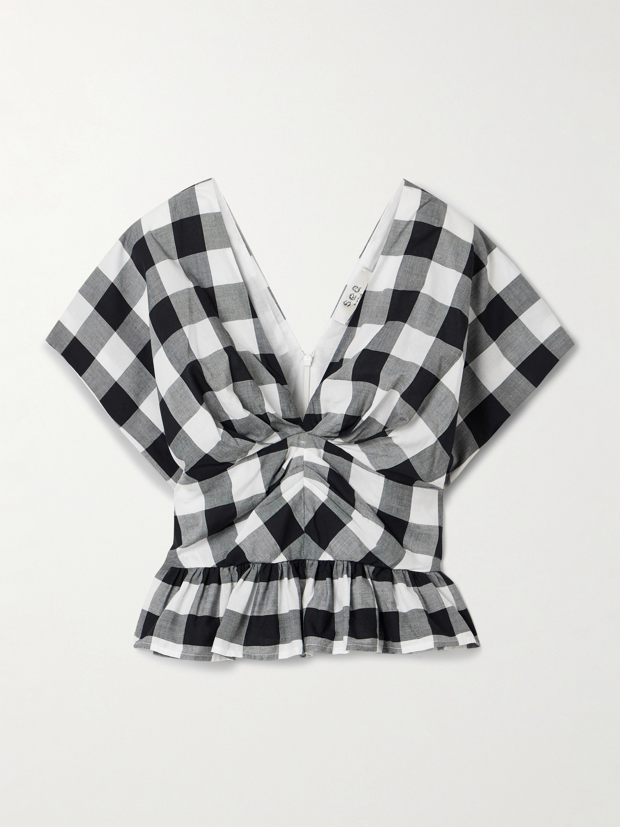 Sea Gathered Gingham Cotton-poplin Peplum Top In Multi