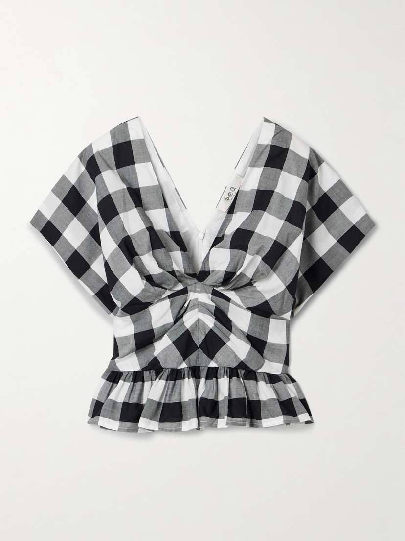Sea Gathered Gingham Cotton-poplin Peplum Top