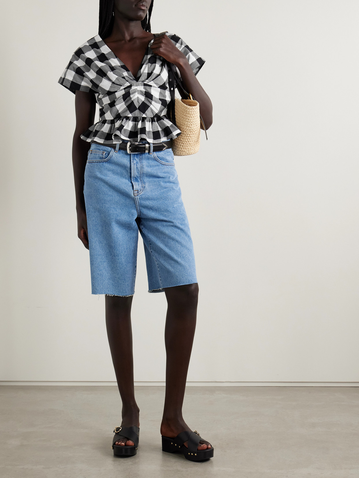 Sea Gathered Gingham Cotton-poplin Peplum Top