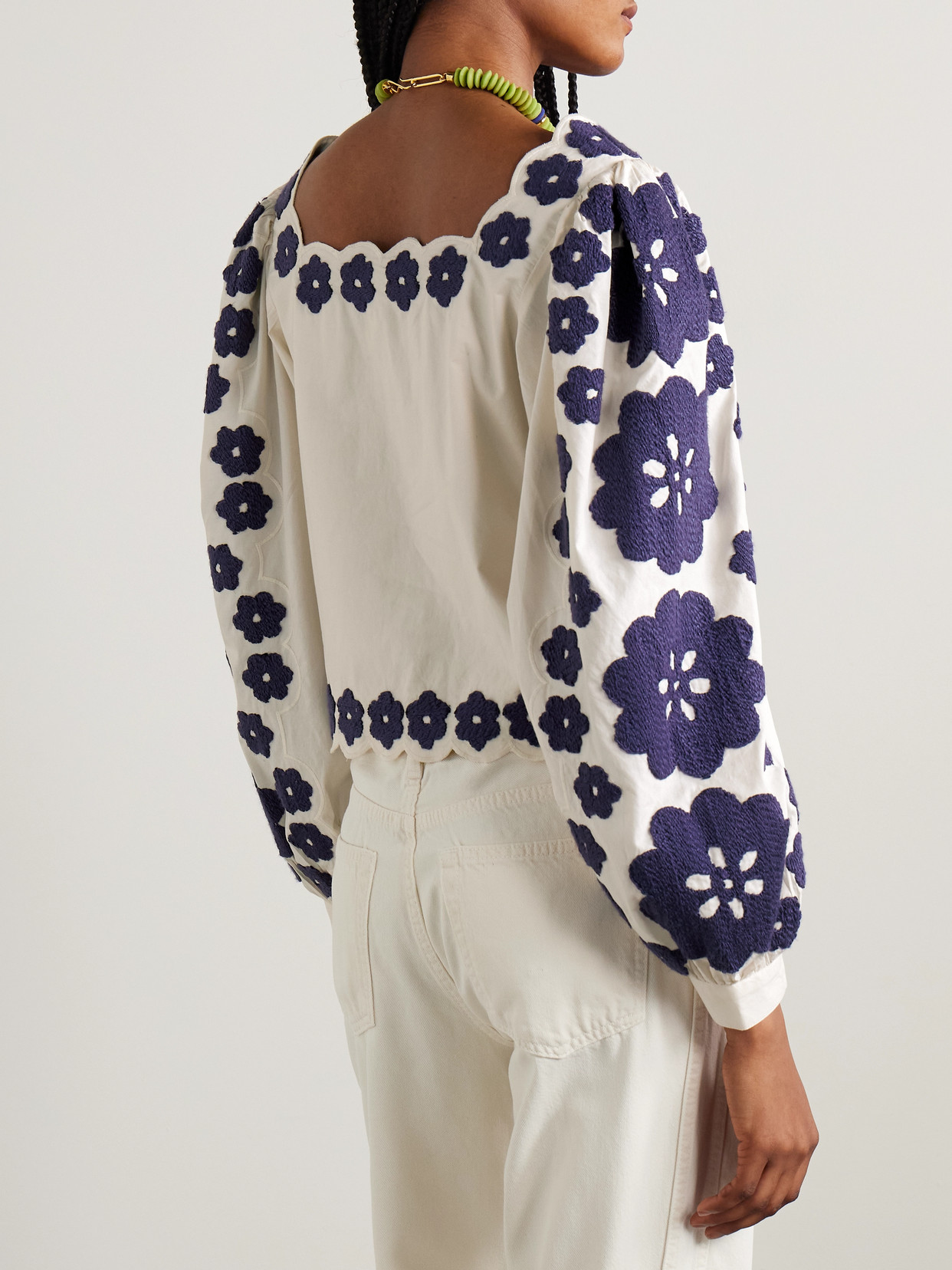 Sea Catrine Tie-front Scalloped Appliquéd Cotton-voile Blouse