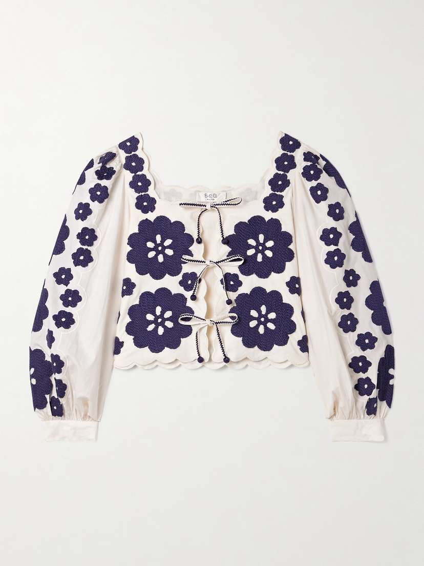 Sea Catrine Tie-front Scalloped Appliquéd Cotton-voile Blouse