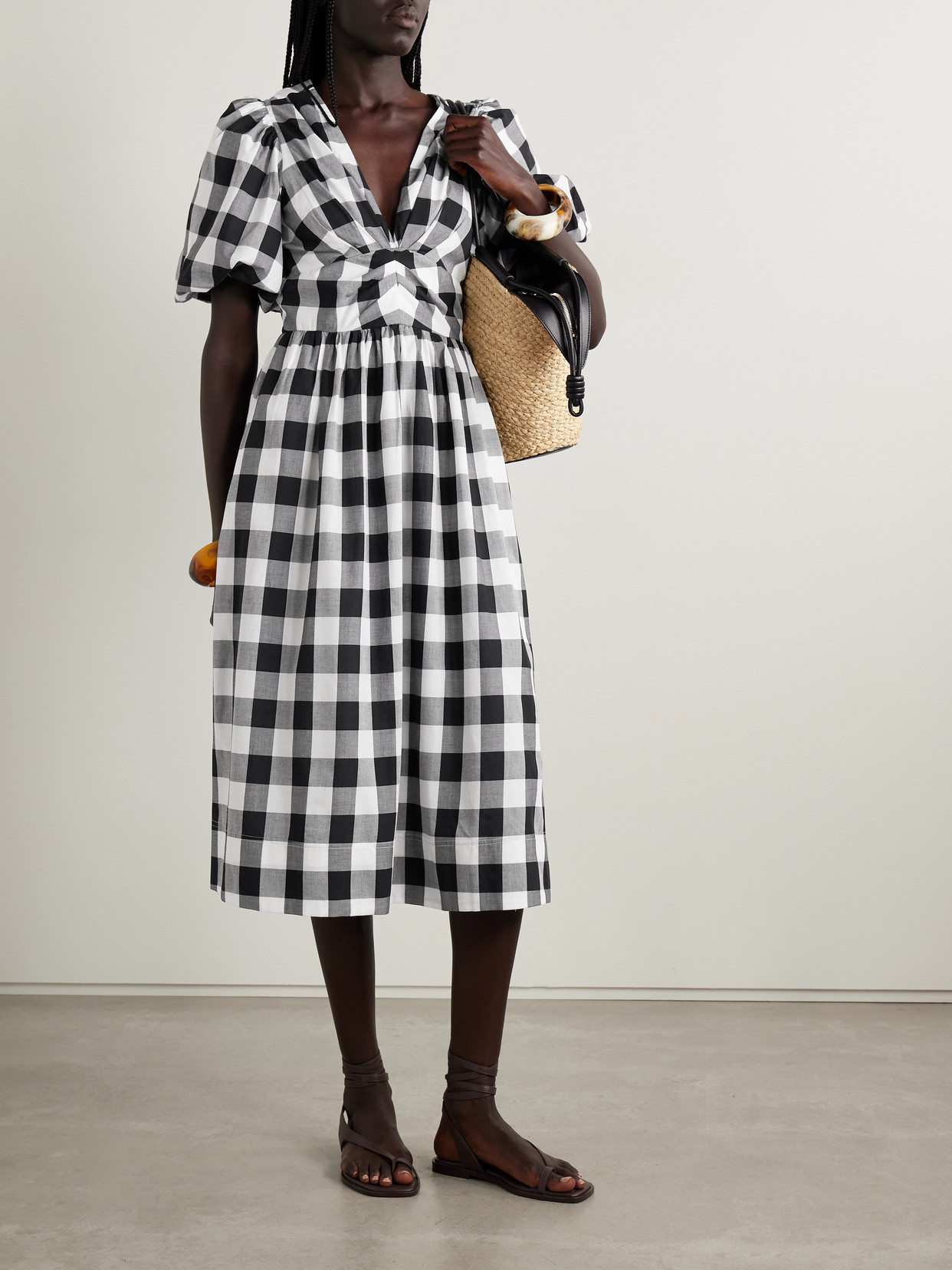 Sea Gathered Gingham Cotton-poplin Midi Dress