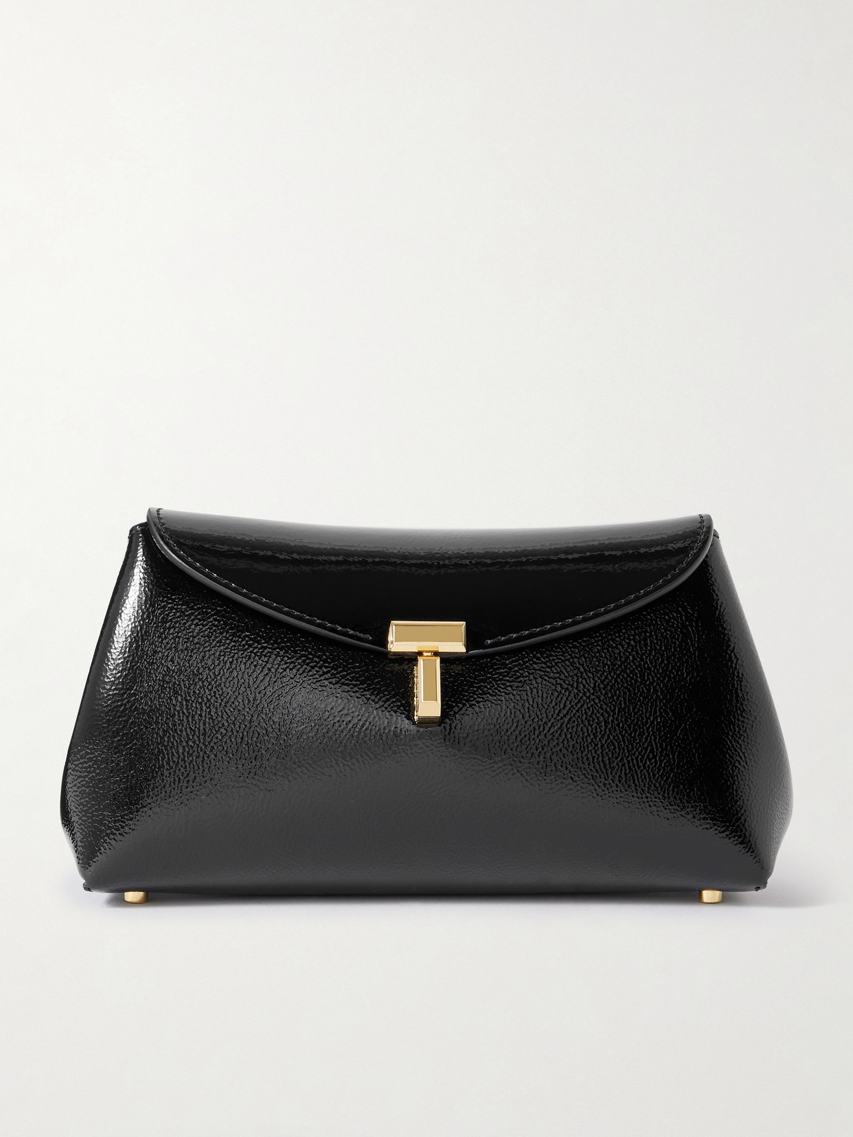 Totême T-lock Mini Textured Patent-leather Clutch In Black
