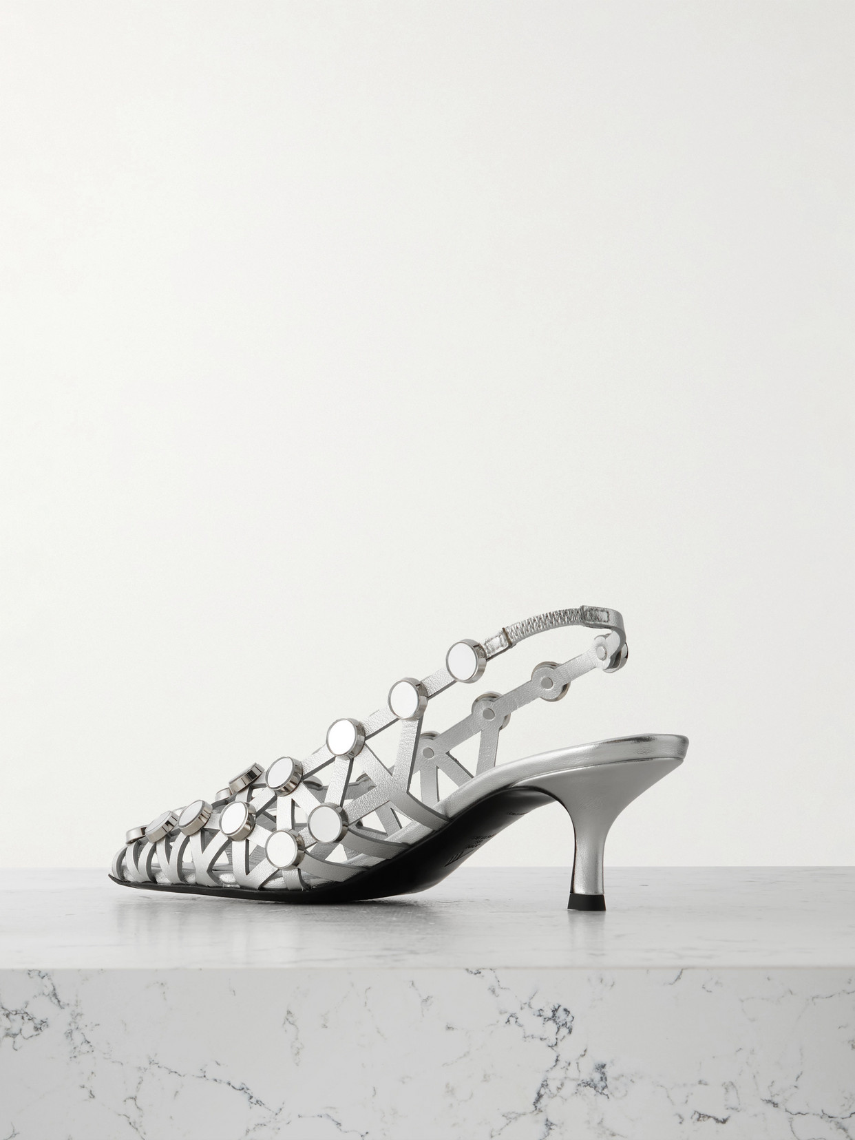 Attico Grid Studded Metallic Leather Slingback Pumps In Silver