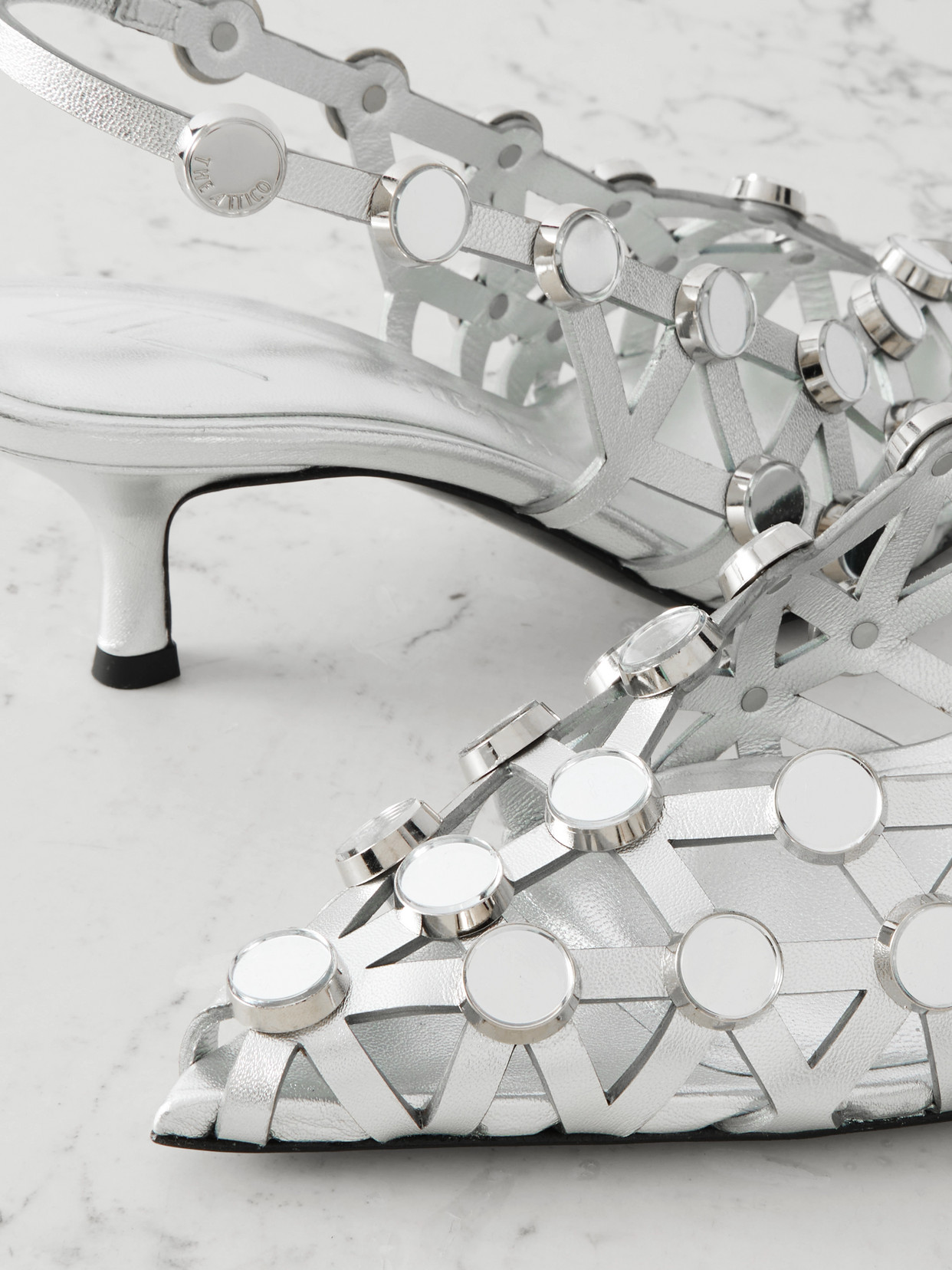 Attico Grid Studded Metallic Leather Slingback Pumps In Silver