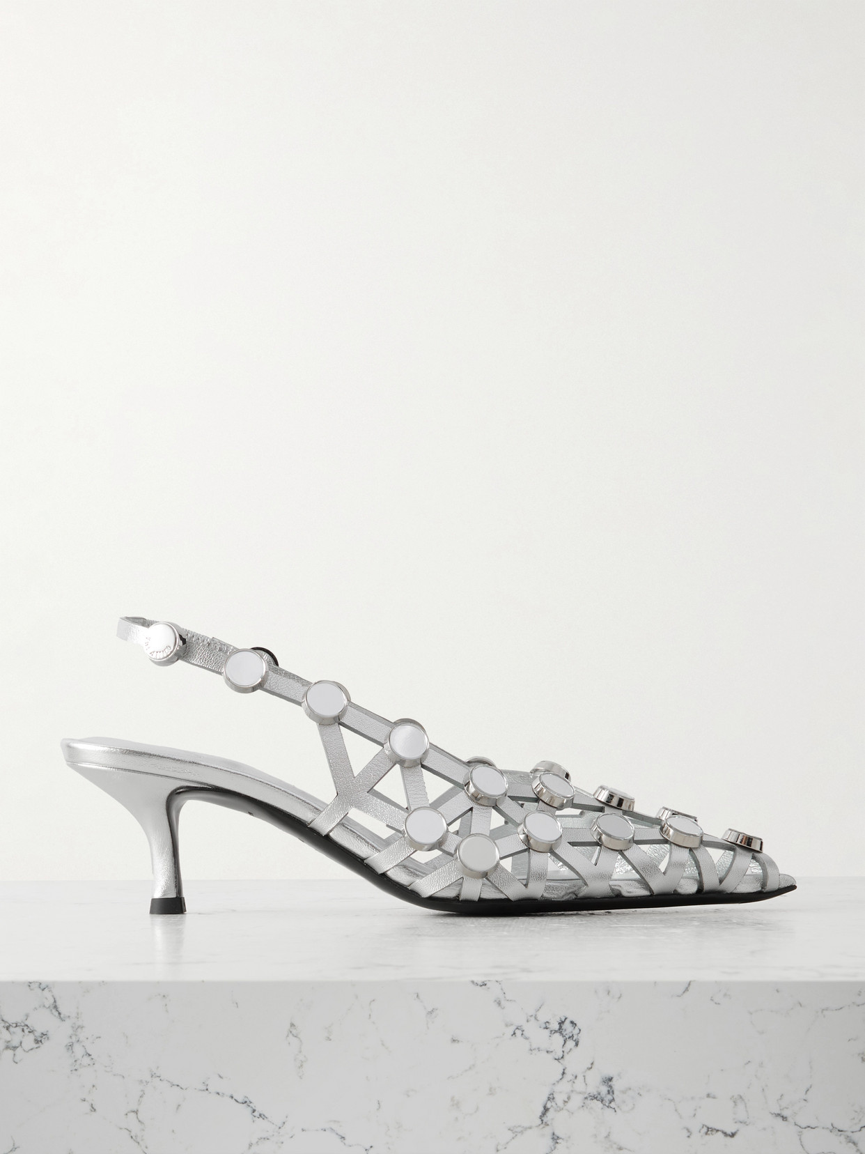 Attico Grid Studded Metallic Leather Slingback Pumps In Silver