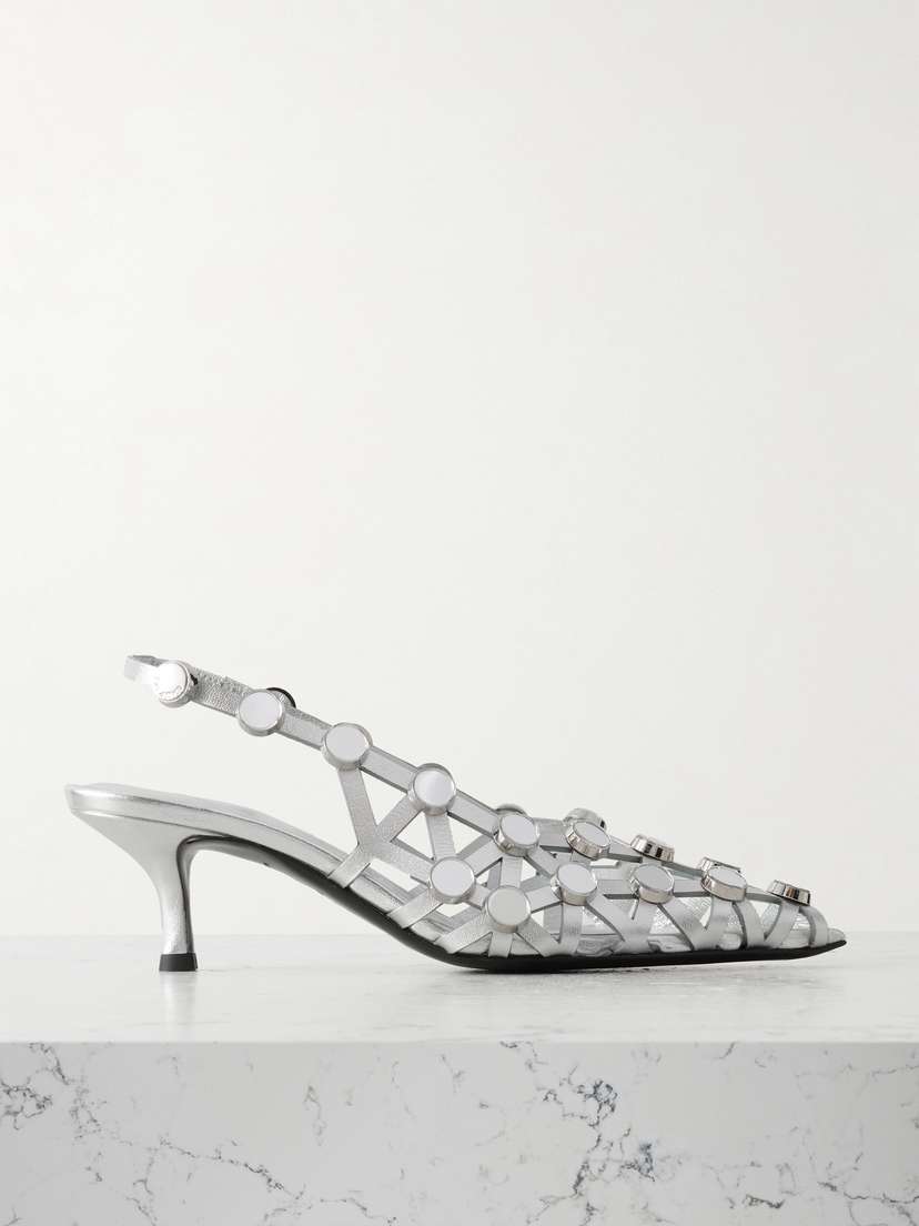 The Attico Grid Studded Metallic Leather Slingback Pumps