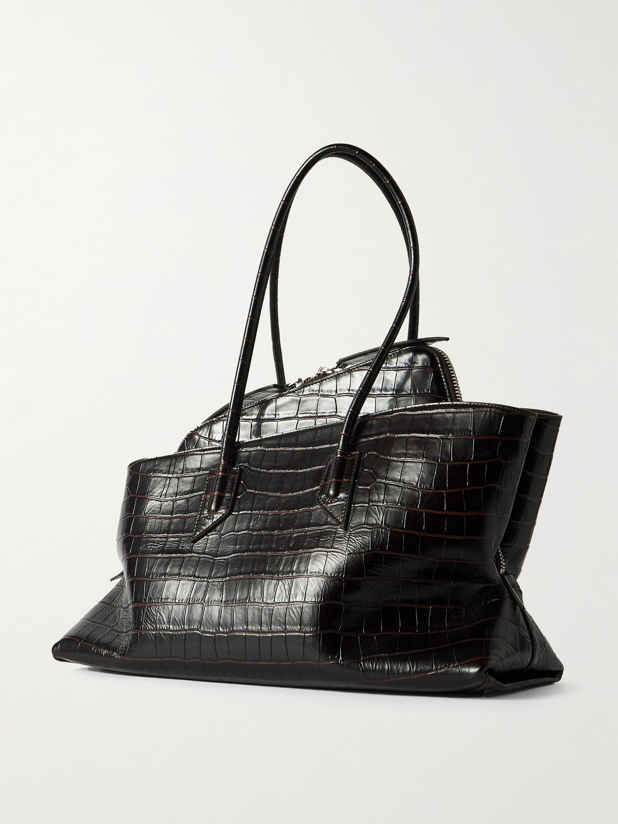 Attico La Passegiata Medium Asymmetric Croc-effect Leather Tote In Brown