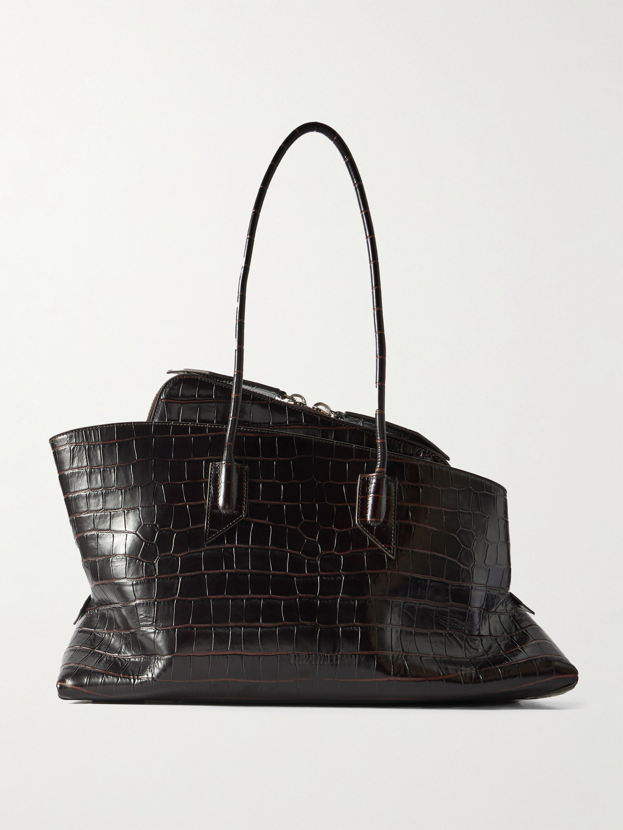 Attico La Passegiata Medium Asymmetric Croc-effect Leather Tote In Brown