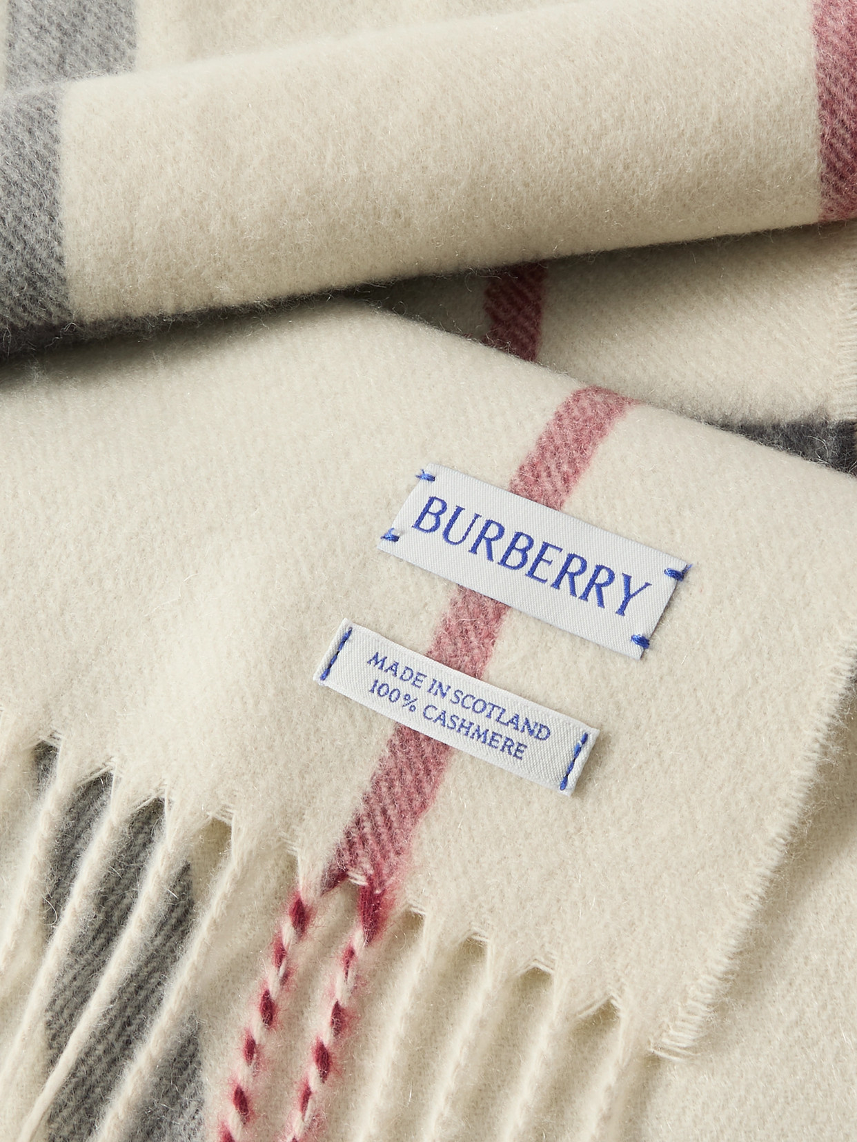 Burberry Fringed Checked Cashmere Scarf In Neutrals