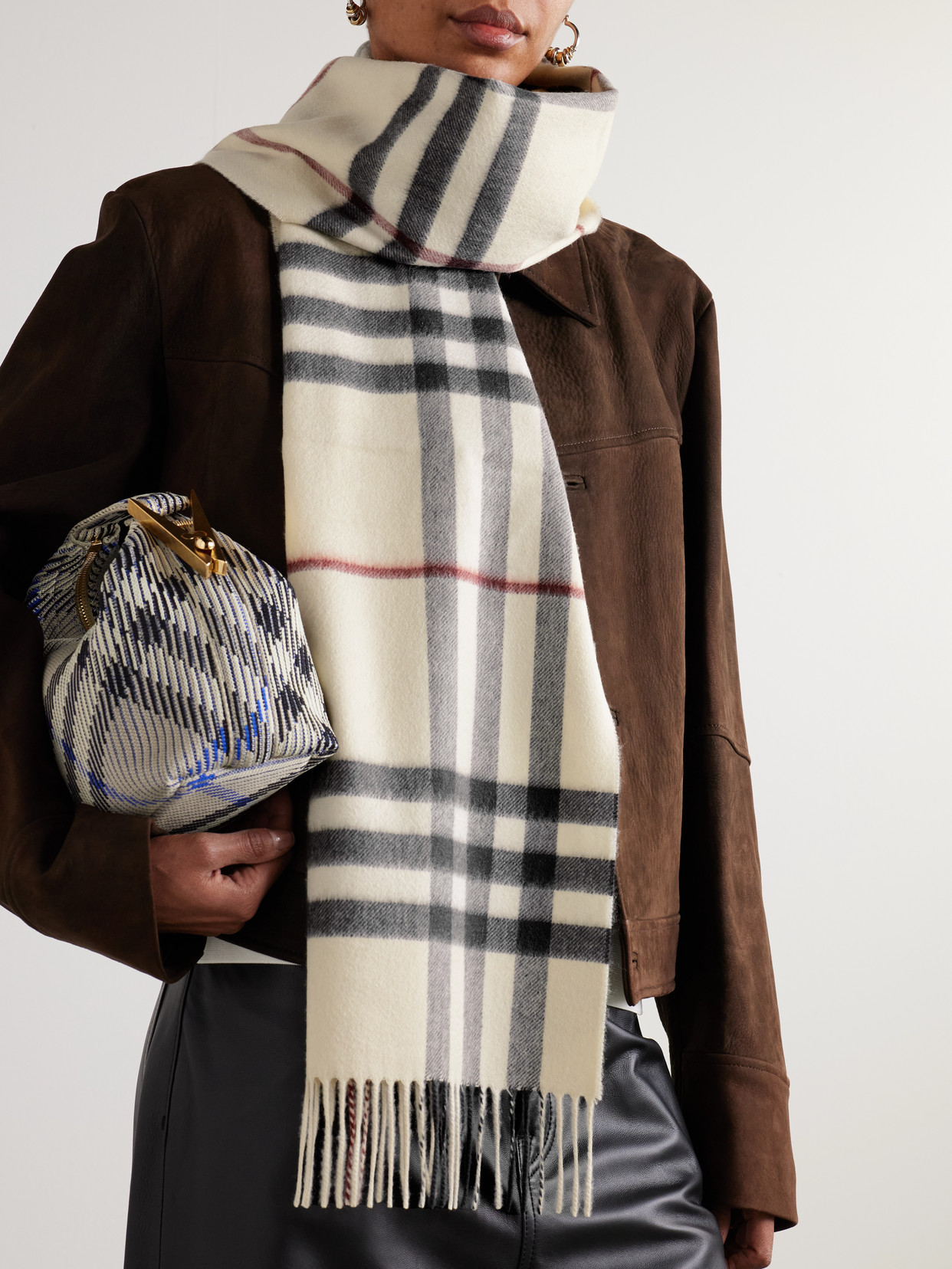 Burberry Fringed Checked Cashmere Scarf In Neutrals