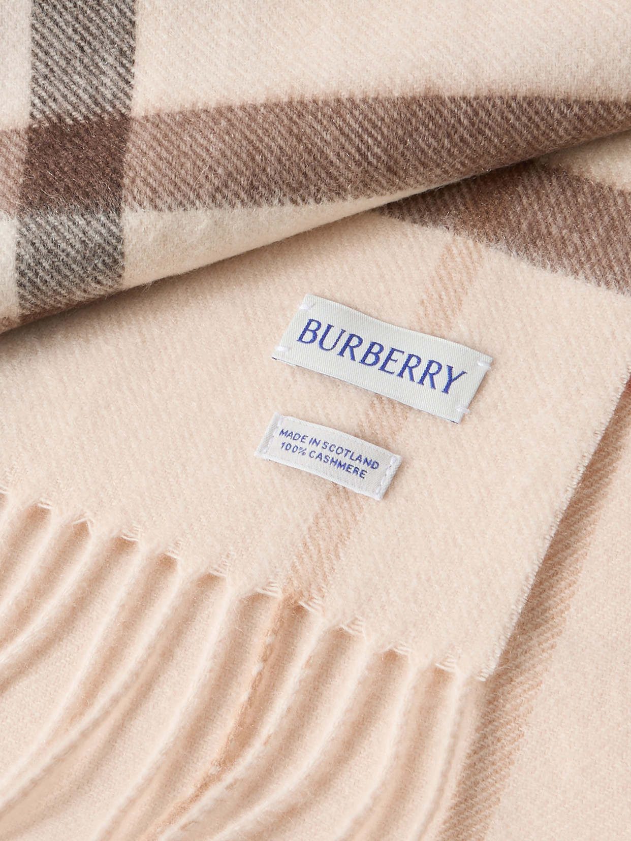 Burberry Fringed Checked Cashmere Scarf In Cream